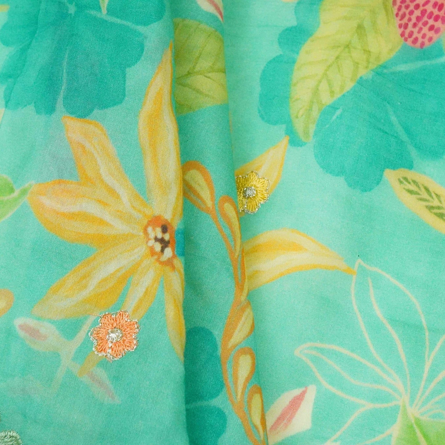 Teal Green 3D Floral Embroidery Mul Chanderi Fabric VF-30649