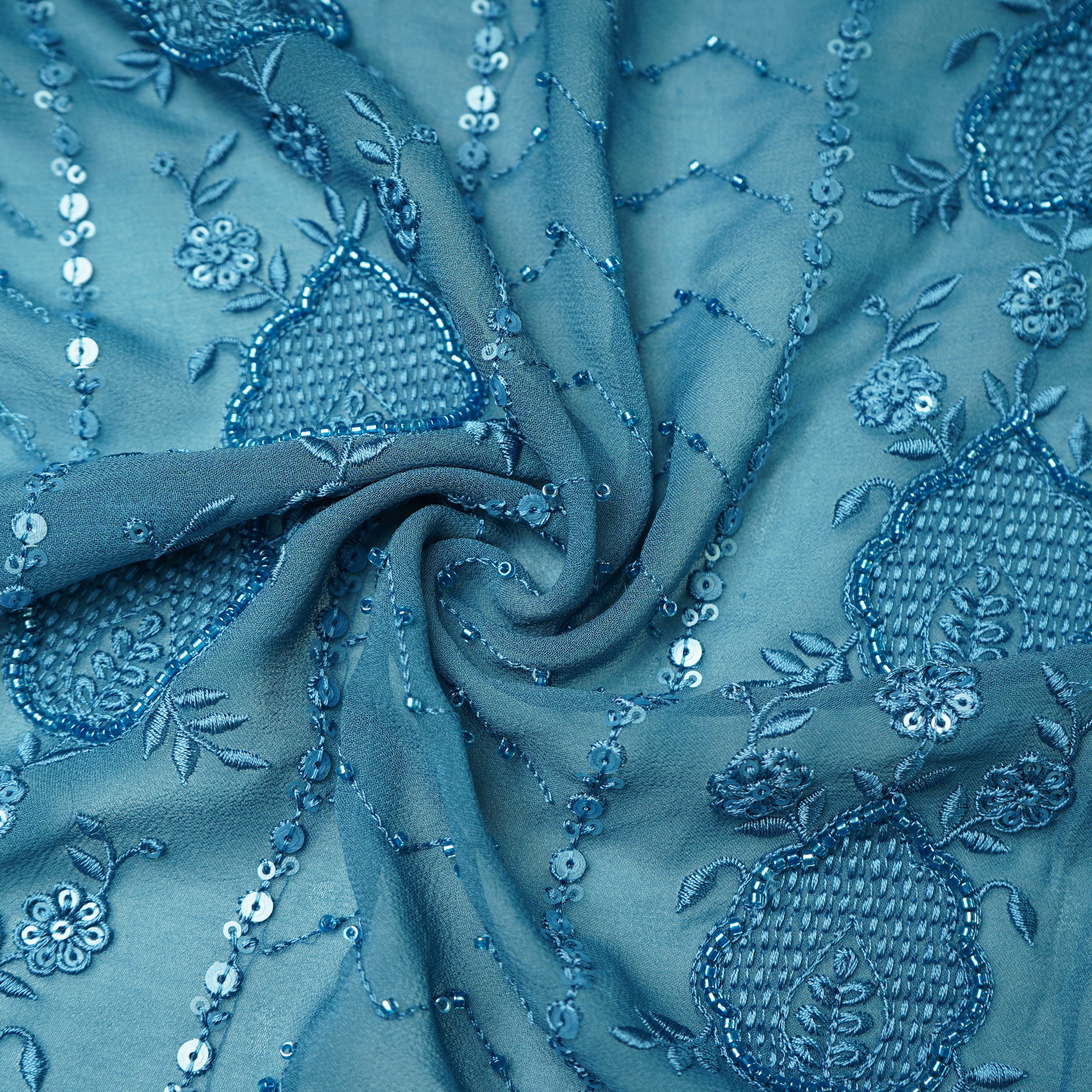 Premium Blue Tropical CutDana Thread Embroidery Georgette Fabric