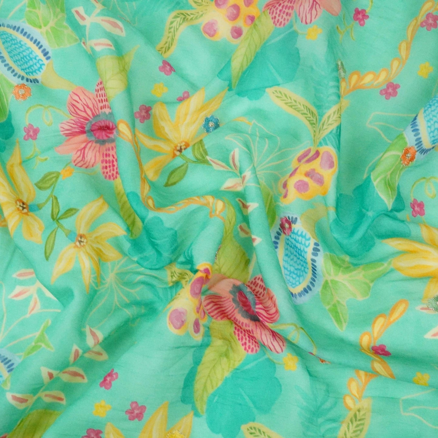 Teal Green 3D Floral Embroidery Mul Chanderi Fabric VF-30649