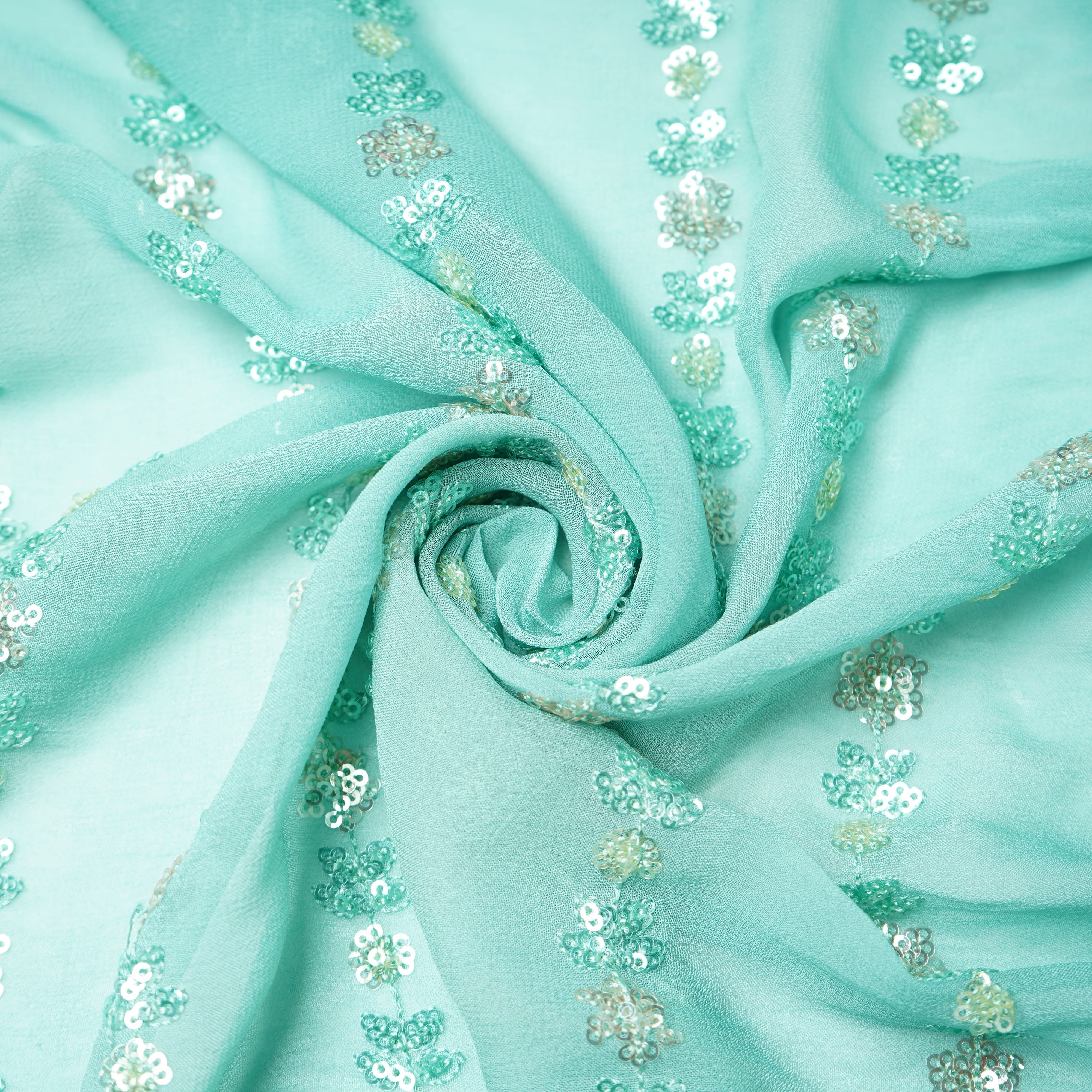 Premium Sky Blue Floral Sequins Embroidery Georgette Fabric