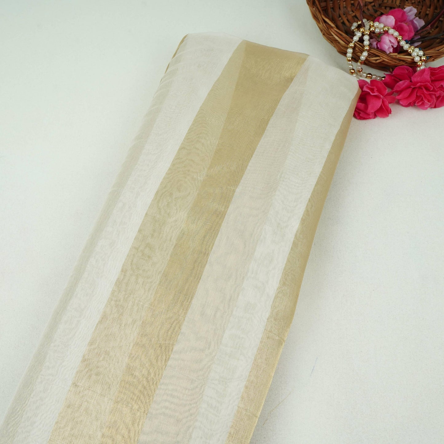 White Dyeable Golden Stripes Tissue Fabric AC-32448