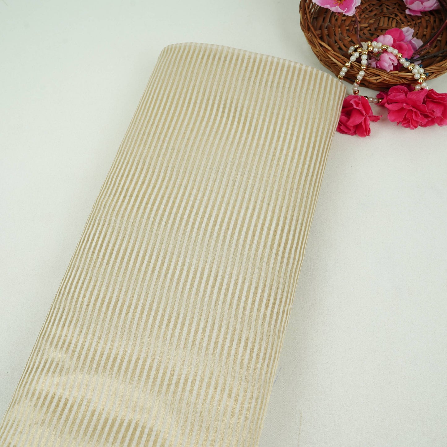 Off White Dyeable Golden Stripes Tissue Fabric AC-32913