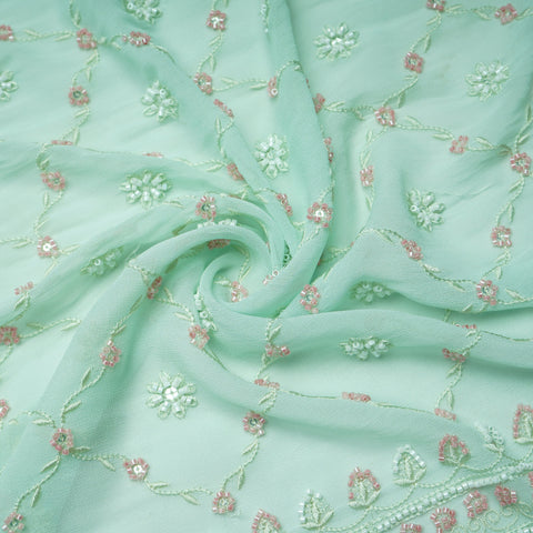 Premium Mint Green Floral CutDana Embroidery Georgette Fabric