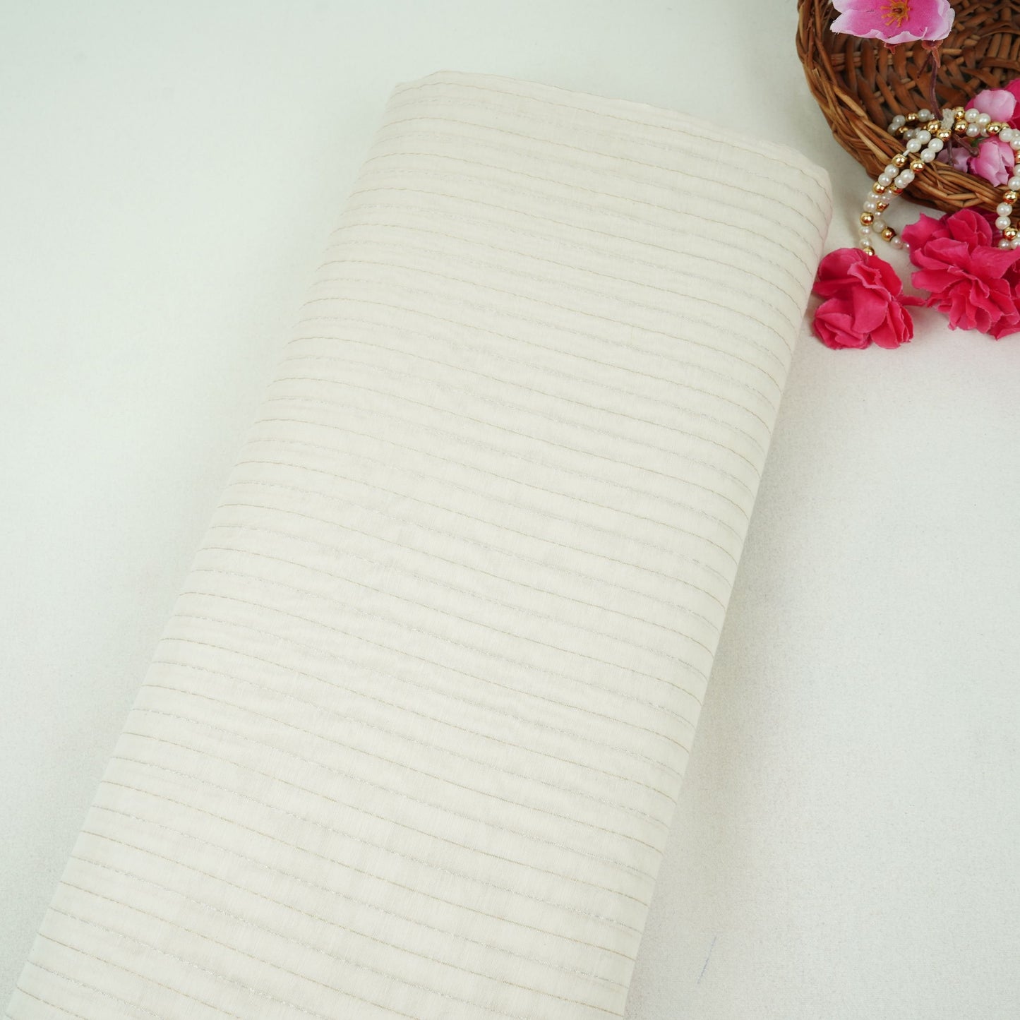 Off White Dyeable Silver Stripes Tissue Fabric AC-32446