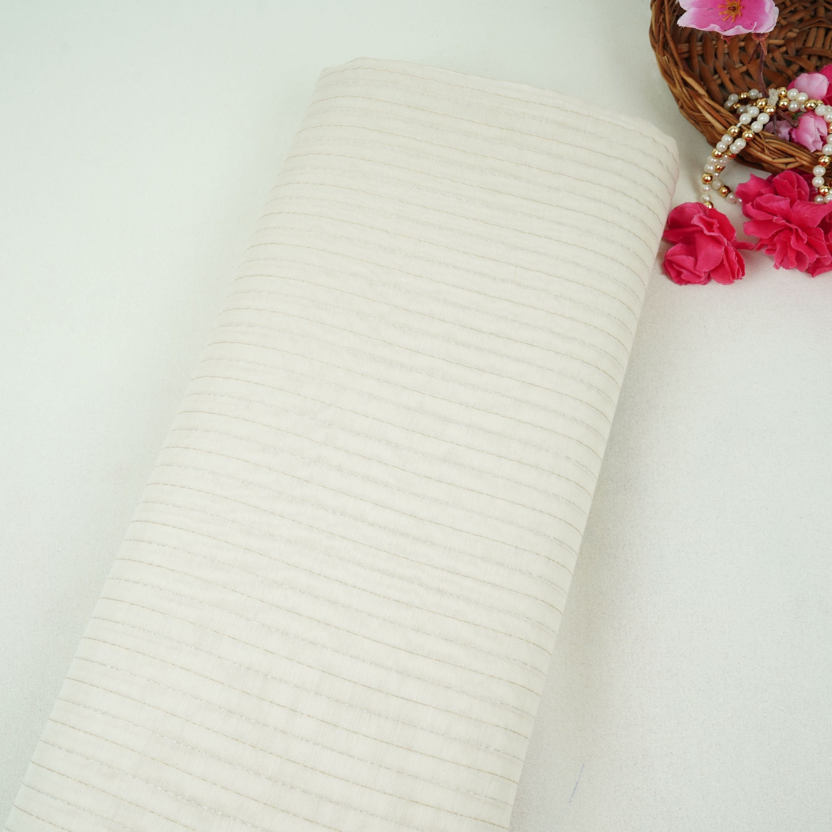 Off White Dyeable Silver Stripes Tissue Fabric AC-32446