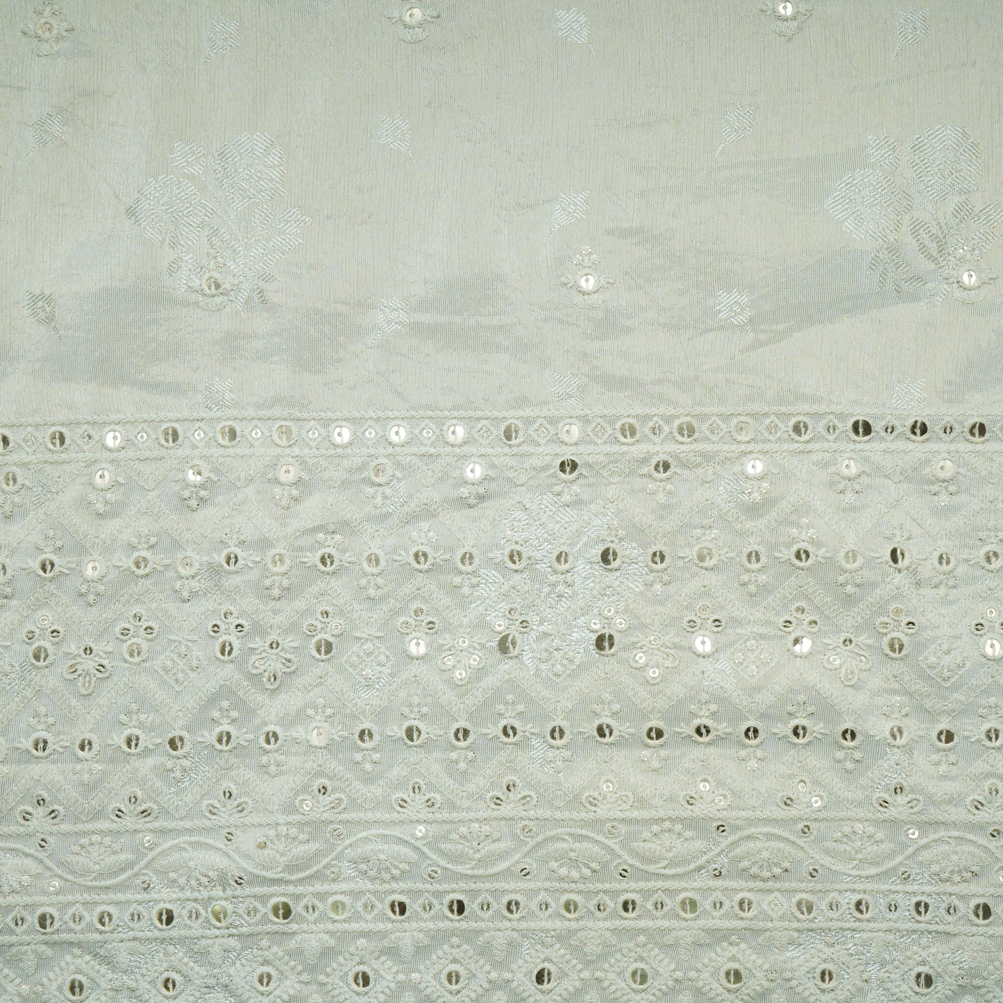 Golden Floral Border Sequins Woven Zari Work Tissue Organza Fabric 15366