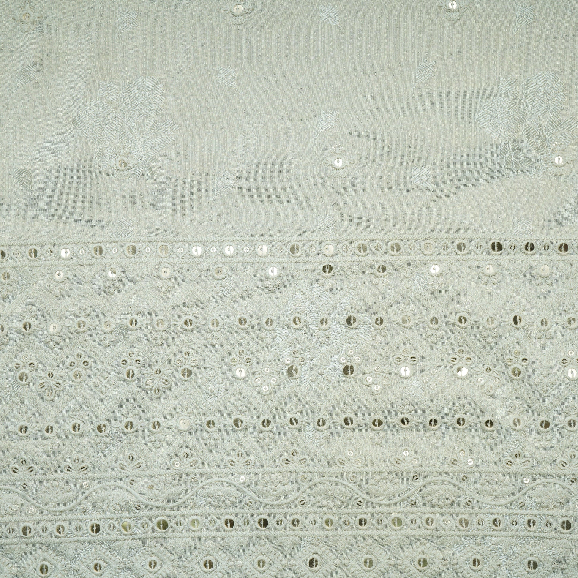 Golden Floral Border Sequins Woven Zari Work Tissue Organza Fabric 15366