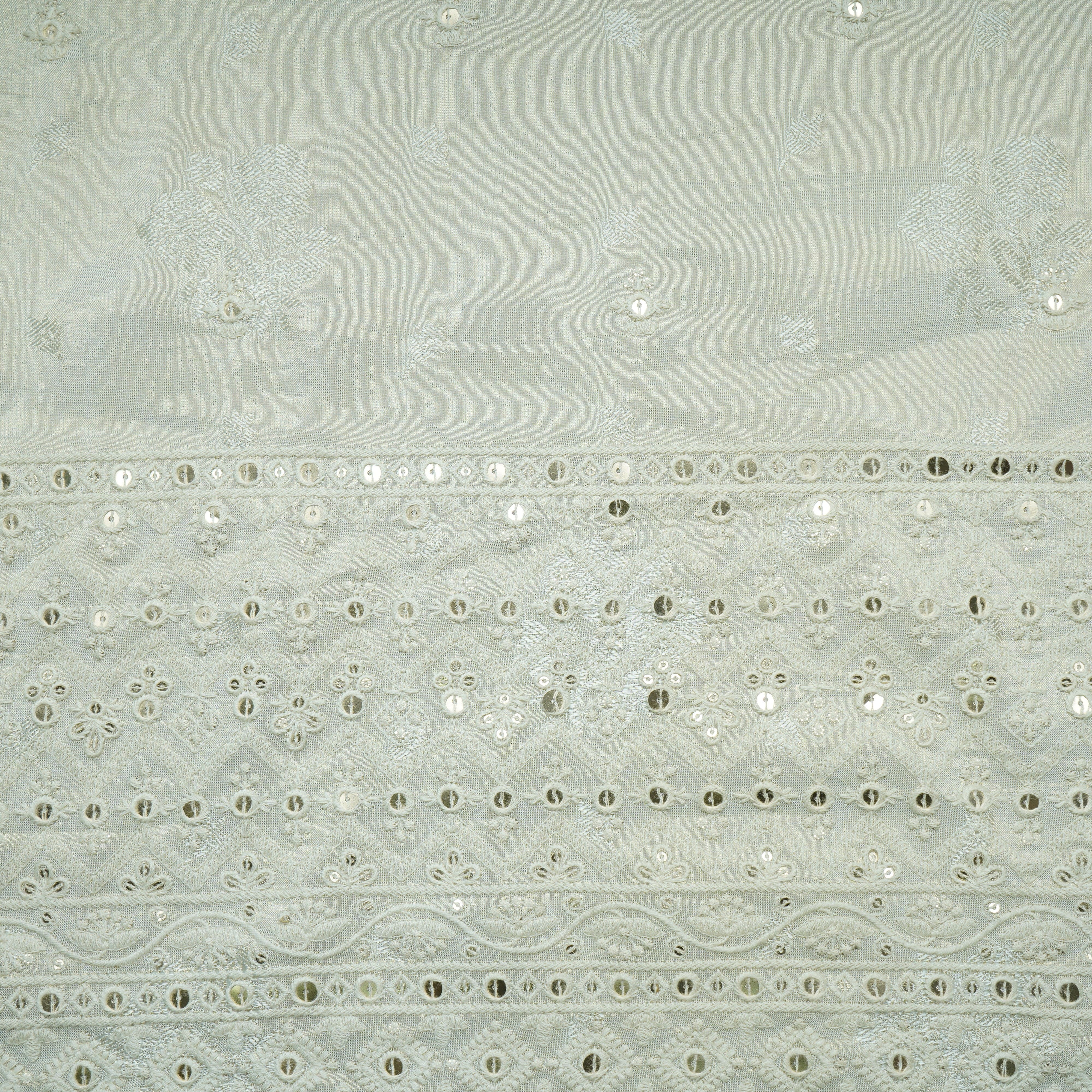 Golden Floral Border Sequins Woven Zari Work Tissue Organza Fabric 15366