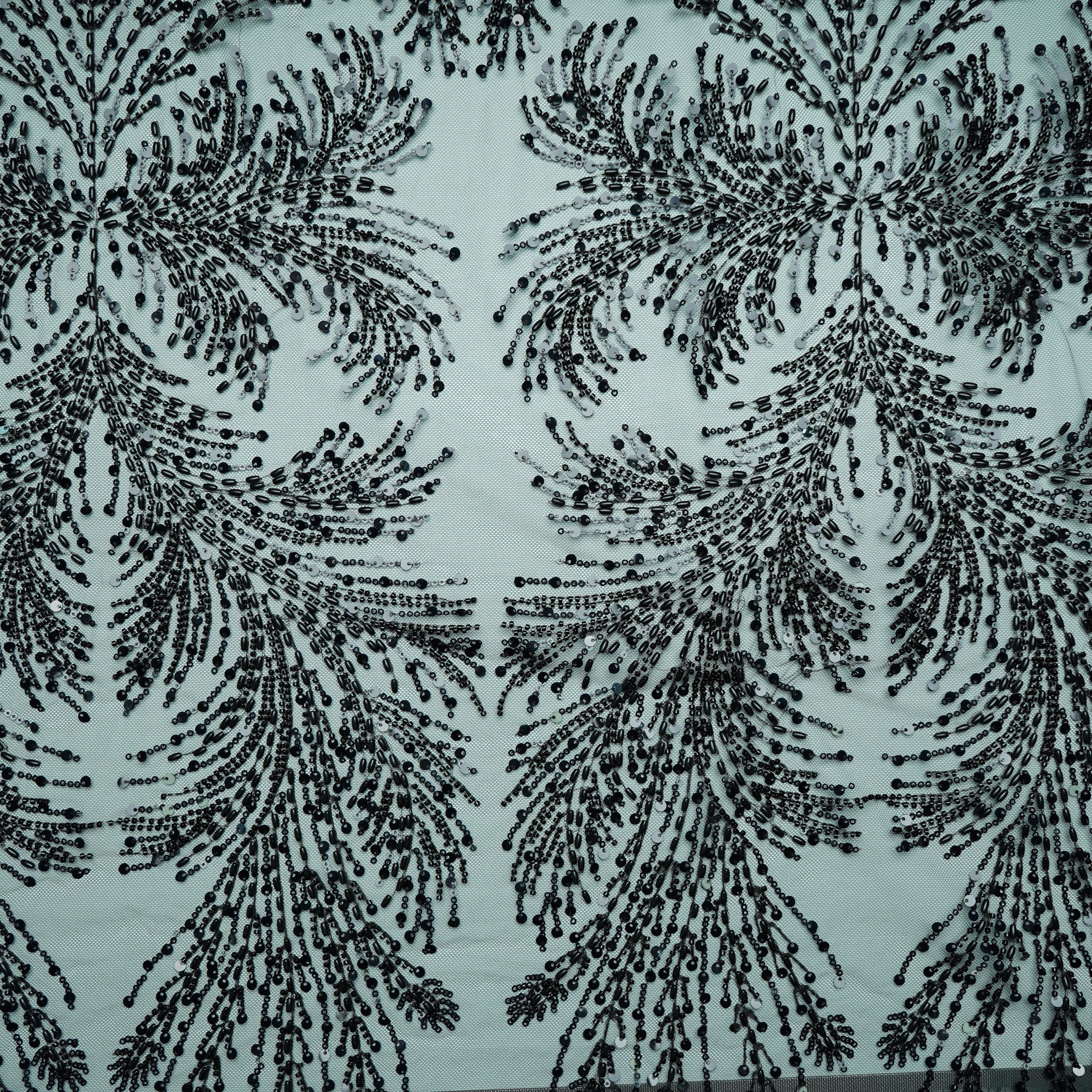 Black Rice Beads Sequins Embroidery Net Fabric 17917
