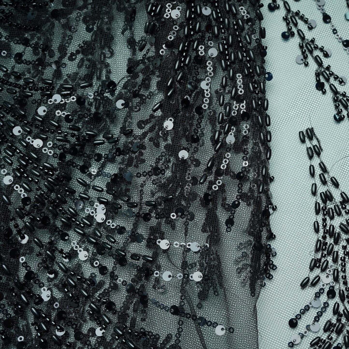 Black Rice Beads Sequins Embroidery Net Fabric 17917