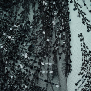 Black Rice Beads Sequins Embroidery Net Fabric 17917