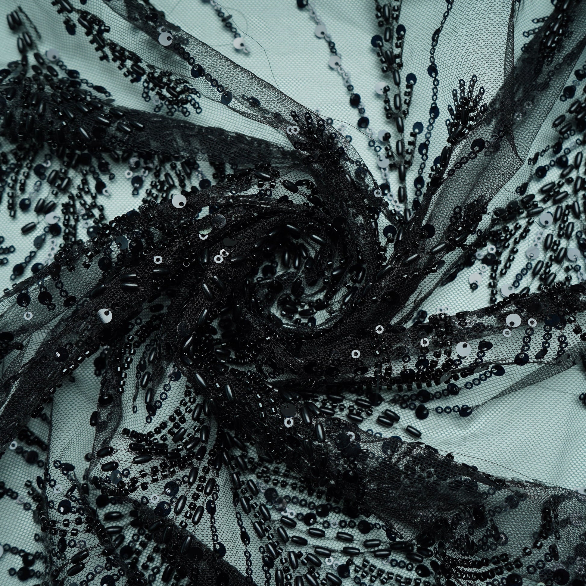 Black Rice Beads Sequins Embroidery Net Fabric 17917