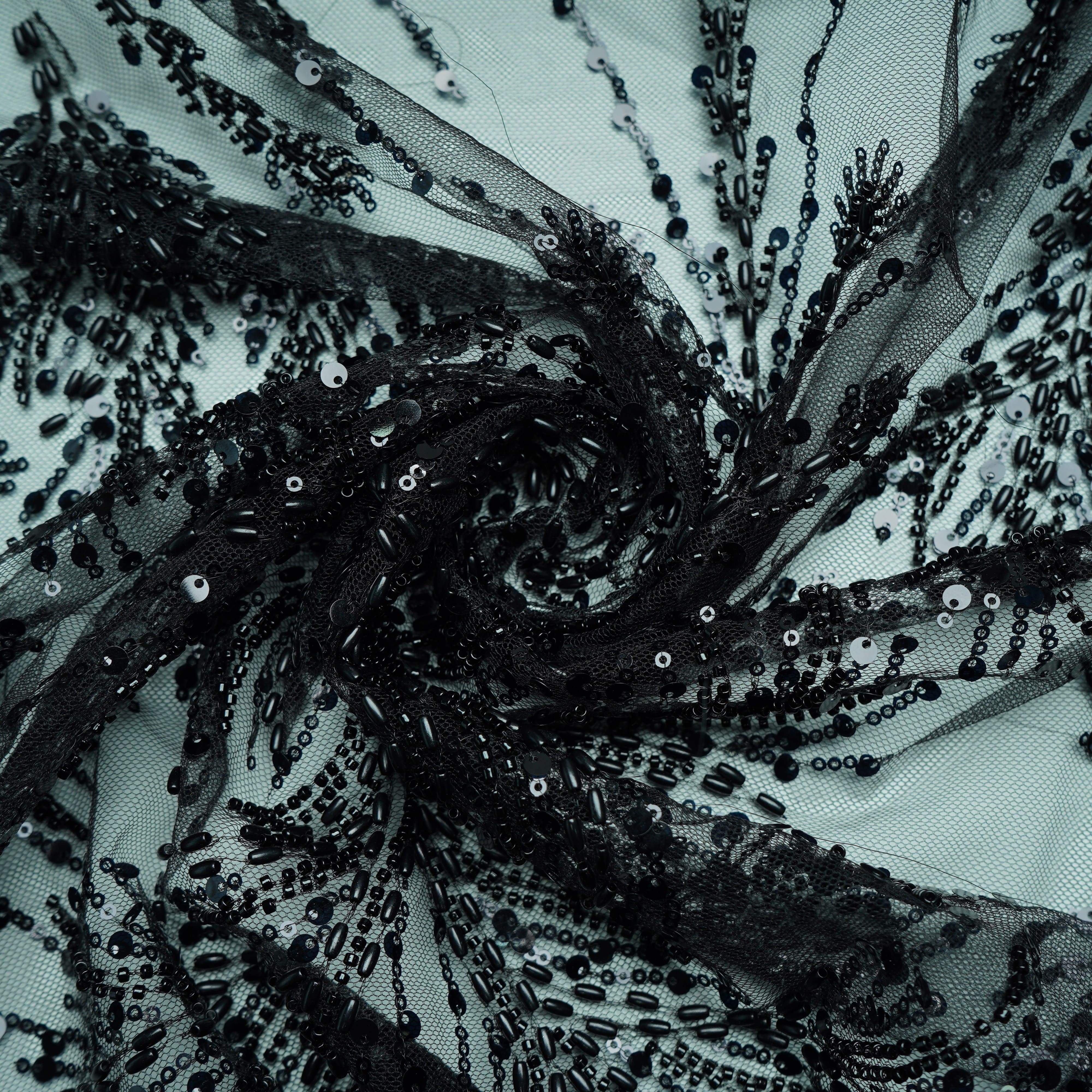 Black Rice Beads Sequins Embroidery Net Fabric 17917