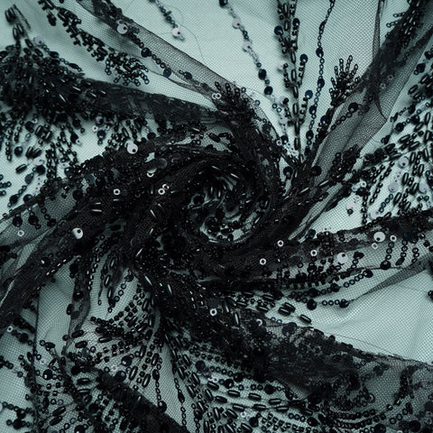 Black Rice Beads Sequins Embroidery Net Fabric 17917