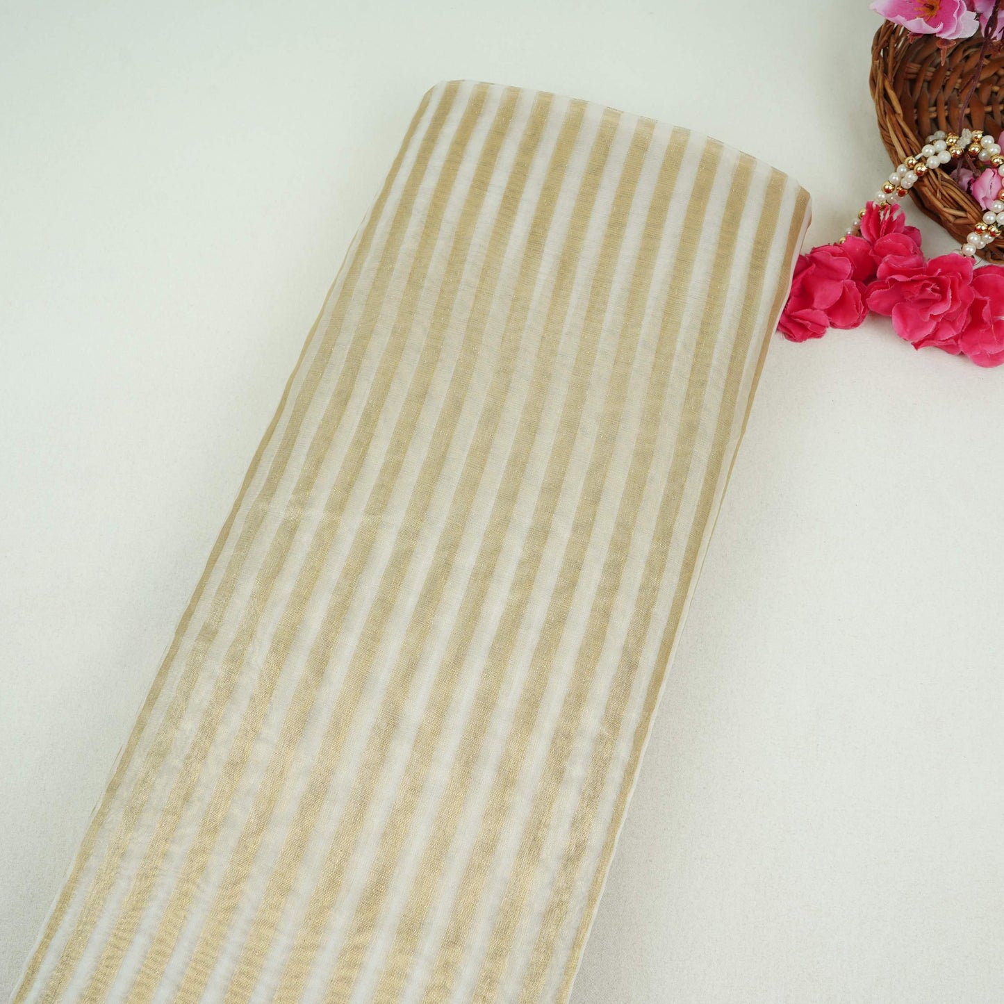 Off White Dyeable Golden Stripes Tissue Fabric AC-32447