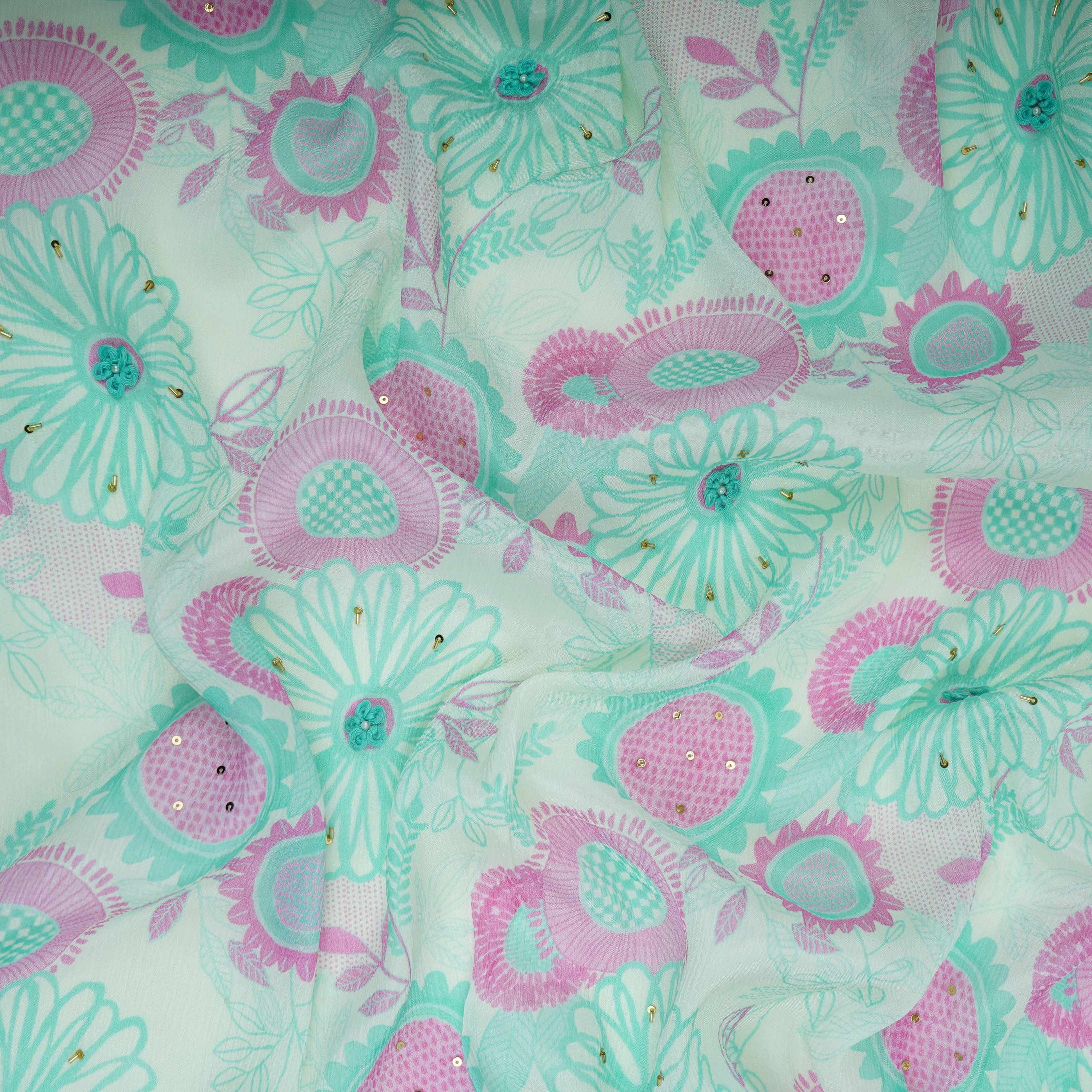 Pink With Multicolor Floral Cutdana Chinnon Fabric VF-30638 - TradeUNO