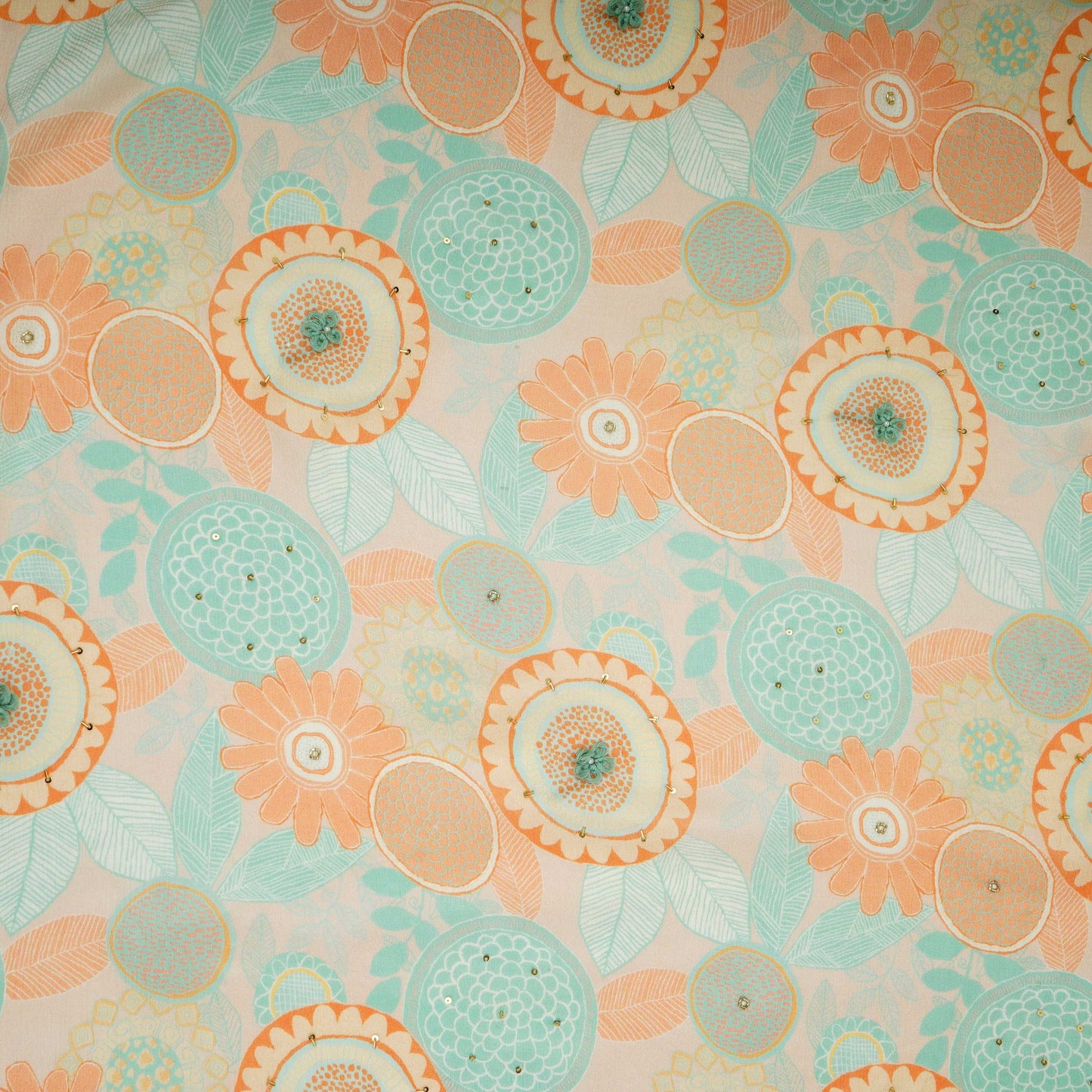Off White With Green Pink Floral Print Chinnon Fabric VF-30663