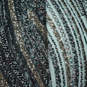 Black Abstract Pearl Heavy Sequins Embroidery Net Fabric 15009
