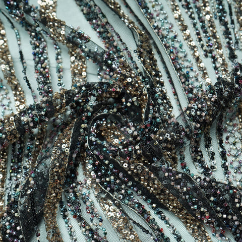 Black Abstract Pearl Heavy Sequins Embroidery Net Fabric 15009