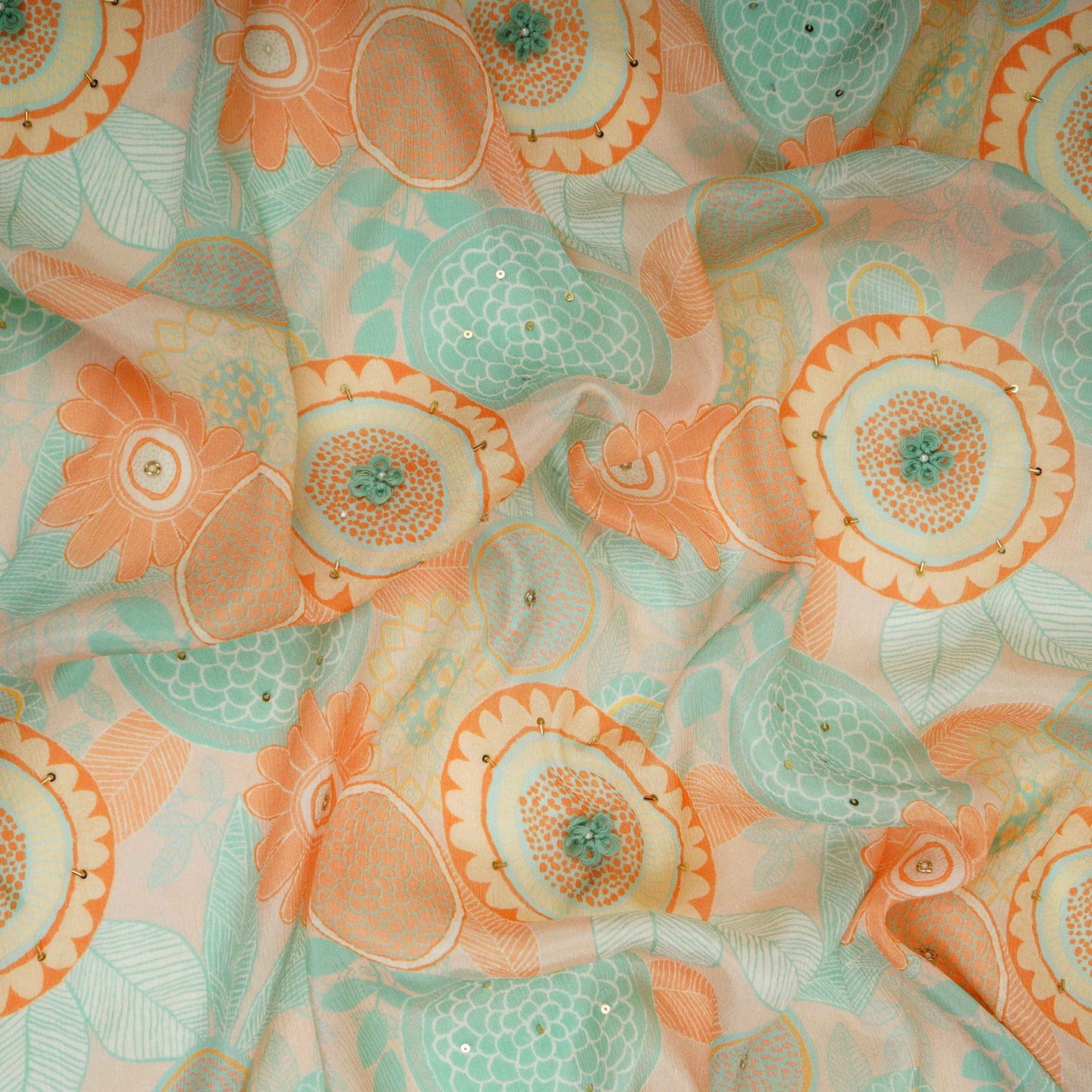Off White With Green Pink Floral Print Chinnon Fabric VF-30663