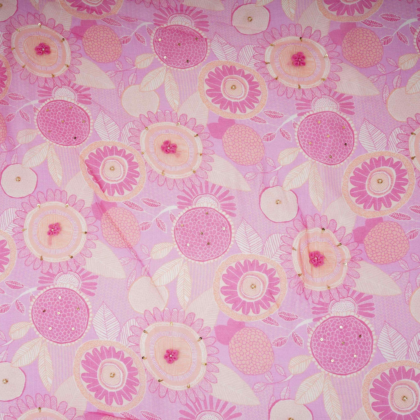Pink & Beige Floral Hand Embroidery Chinnon Fabric VF-30658