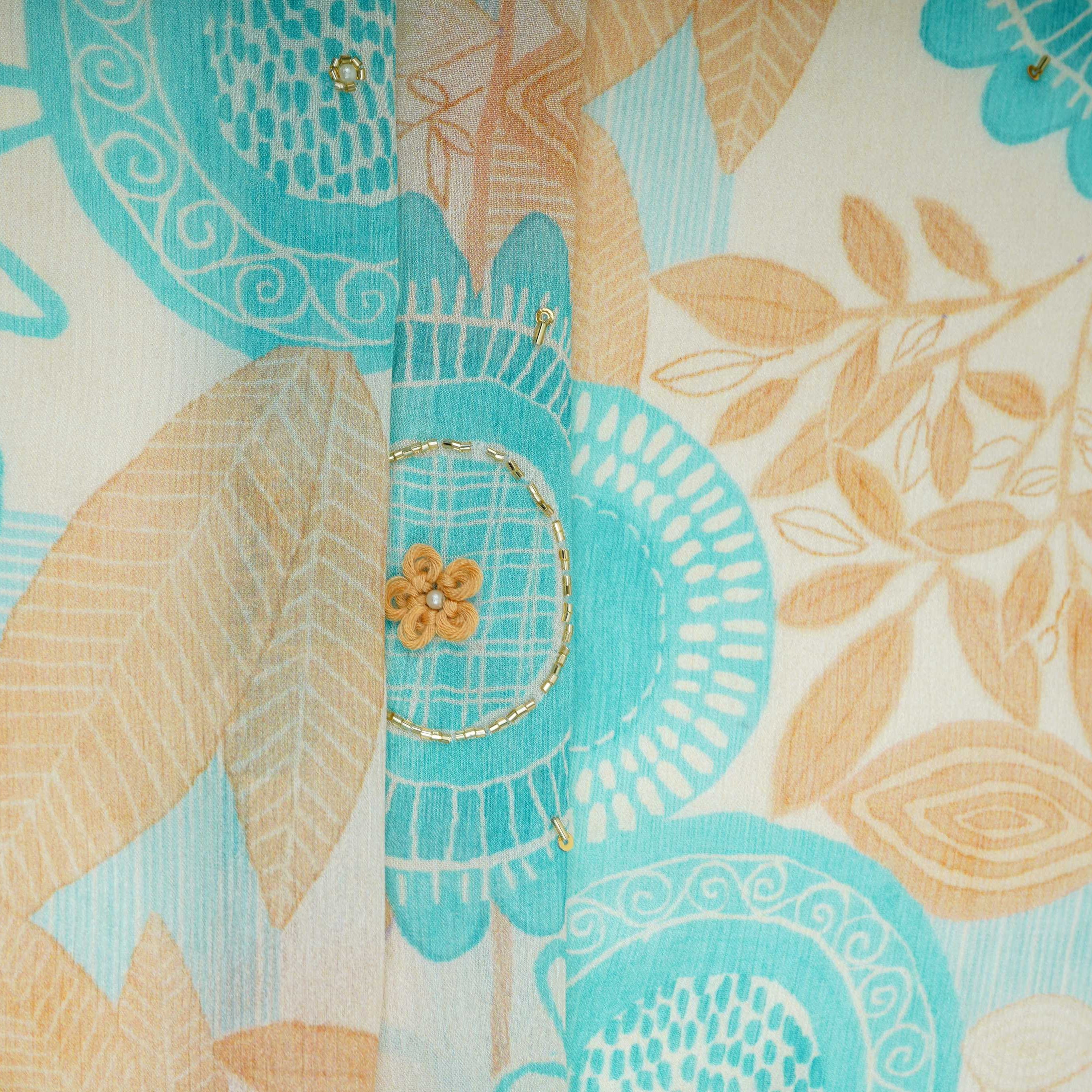 Blue & Beige Floral Hand Embroidery Chinnon Fabric VF-30659 - TradeUNO
