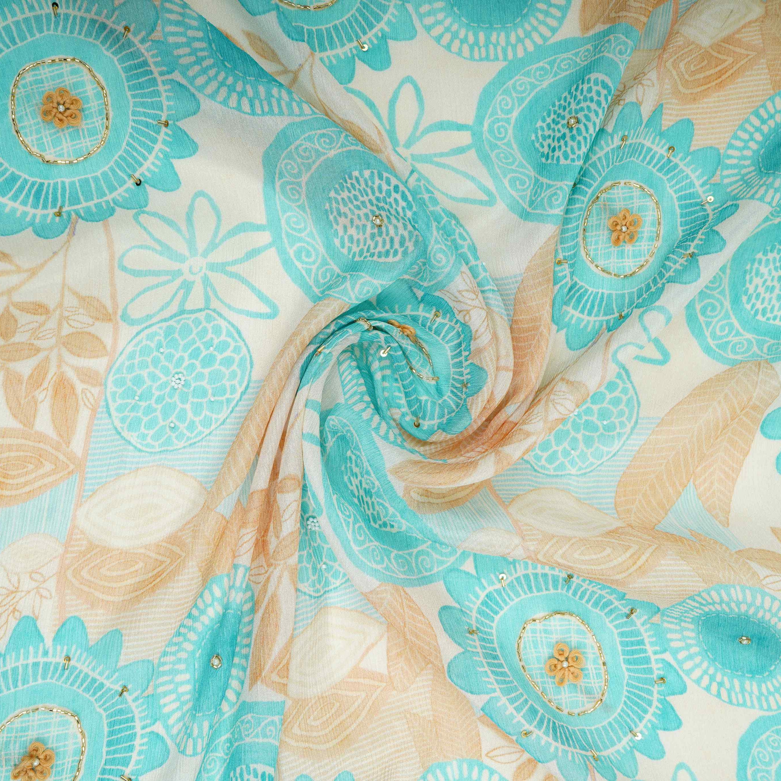 Blue & Beige Floral Hand Embroidery Chinnon Fabric VF-30659 - TradeUNO