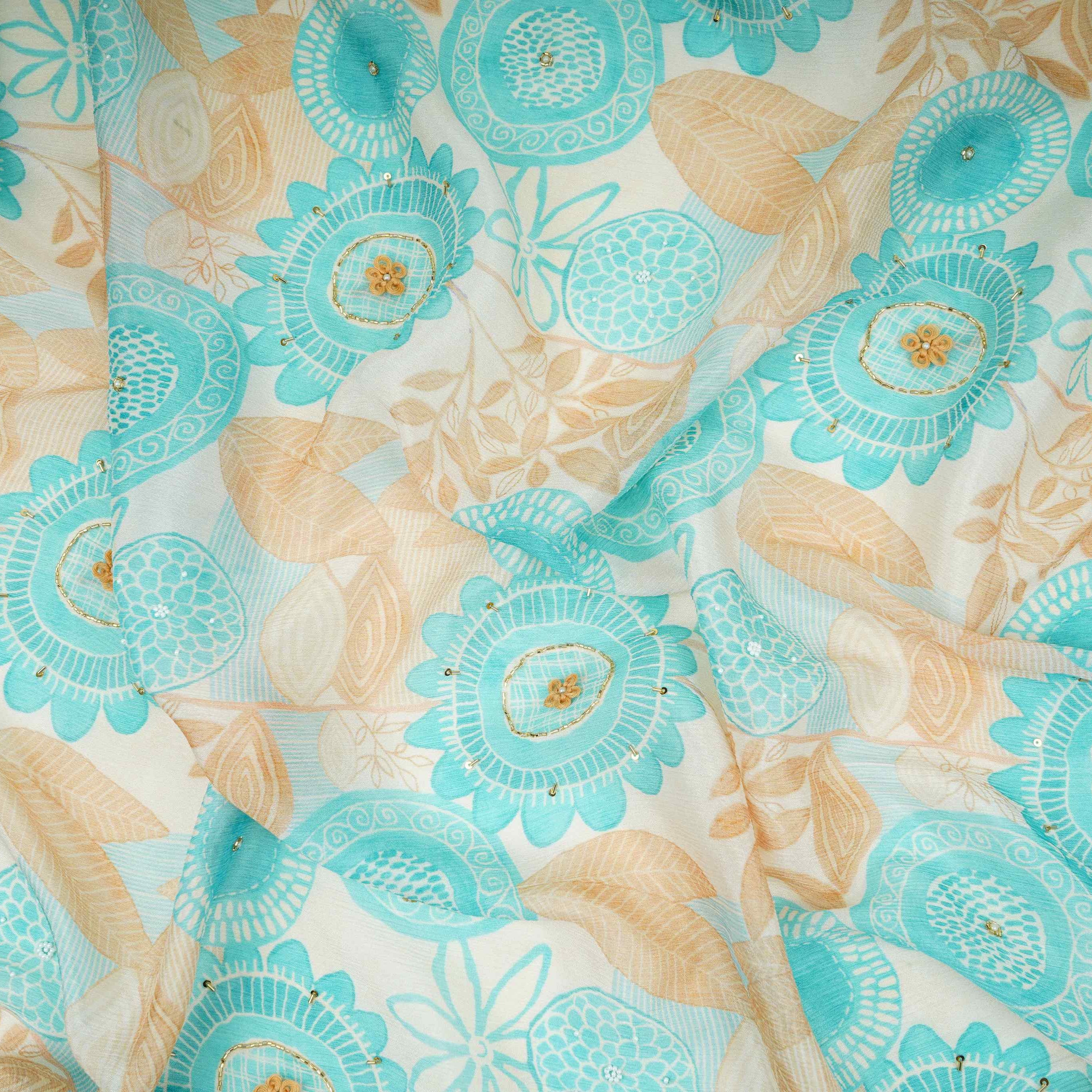 Blue & Beige Floral Hand Embroidery Chinnon Fabric VF-30659 - TradeUNO
