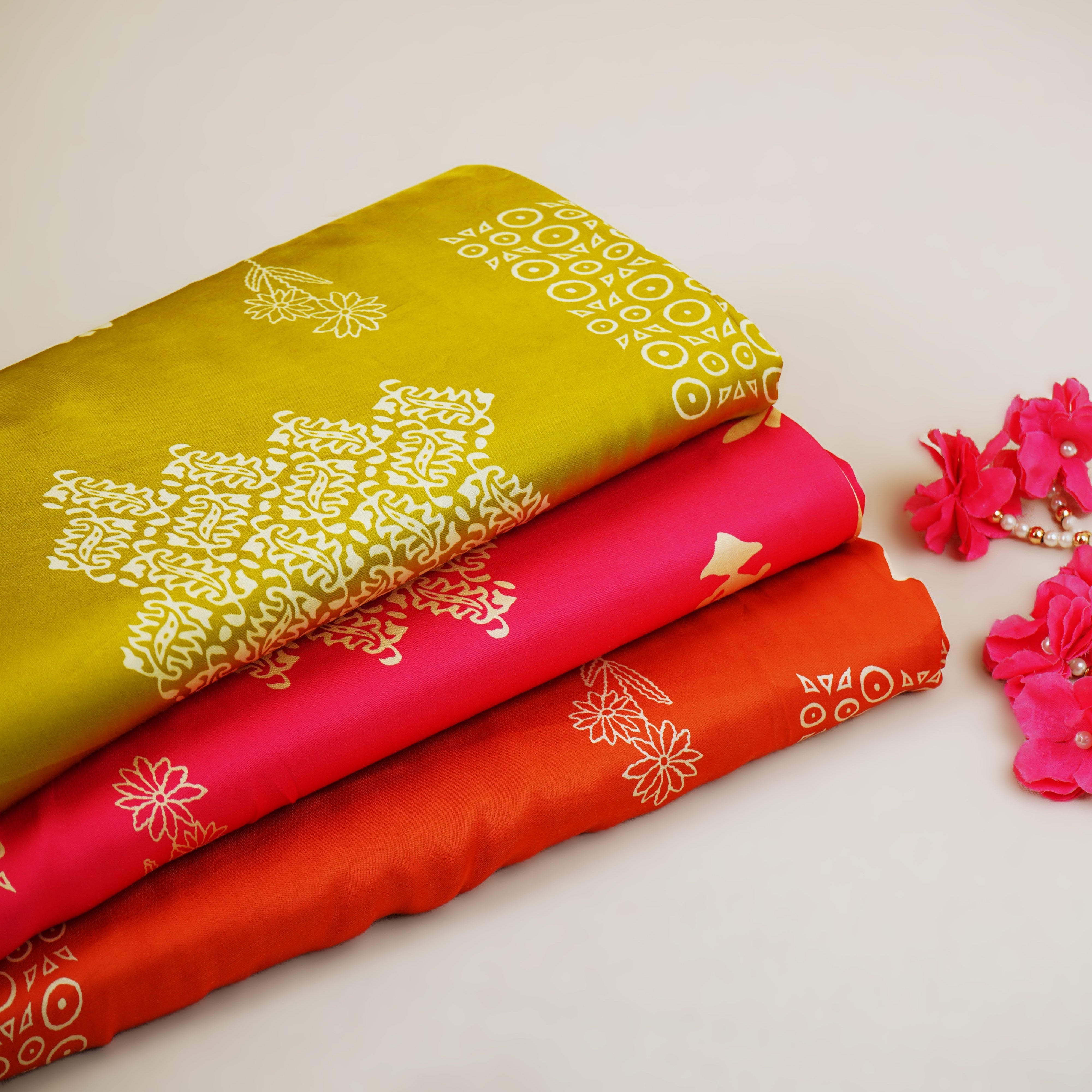 Orange Floral Block Print Modal Satin SN-29520 - TradeUNO