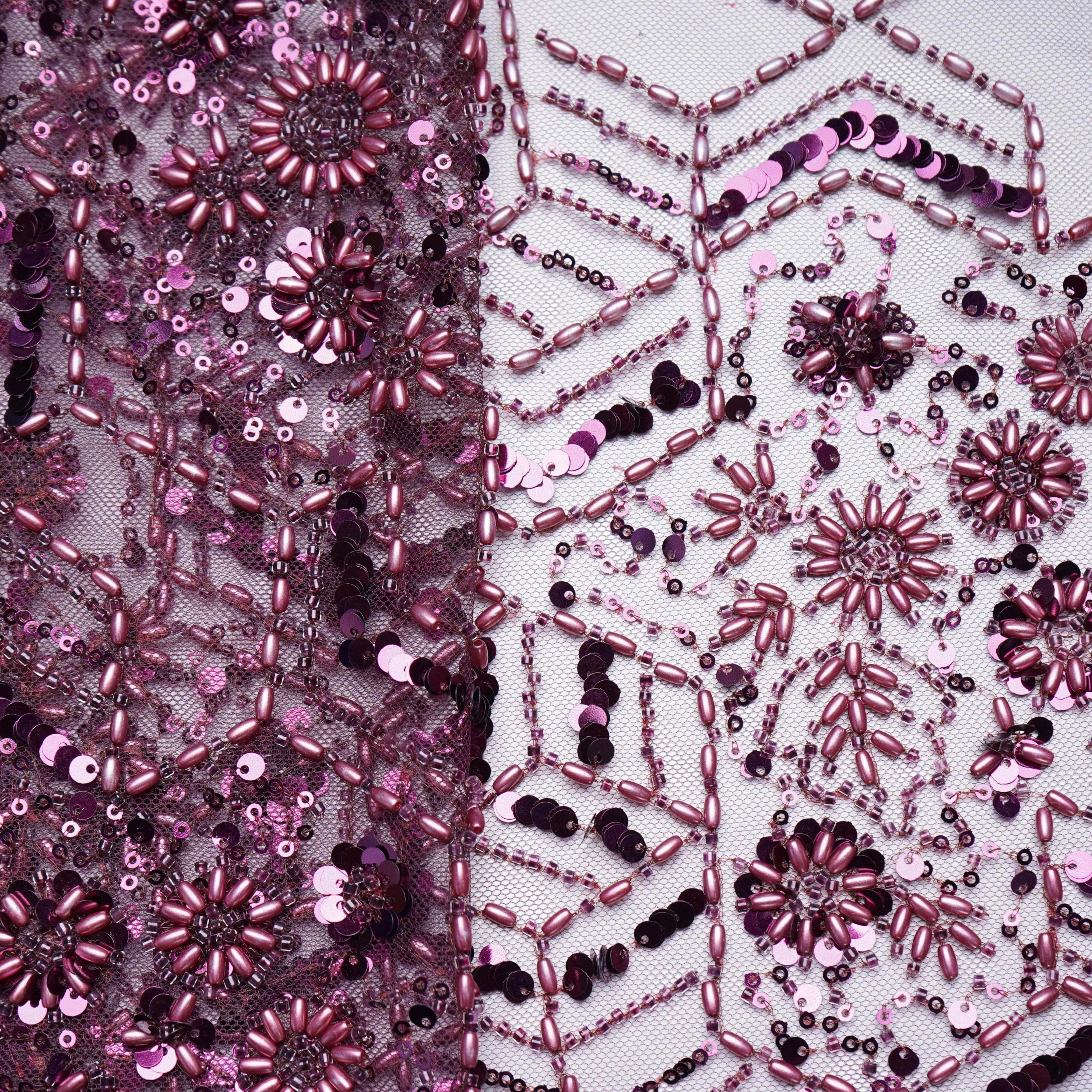 Wine Floral Rice Beads Cut Dana Handcrafted Embroidery  Net Fabric 15138