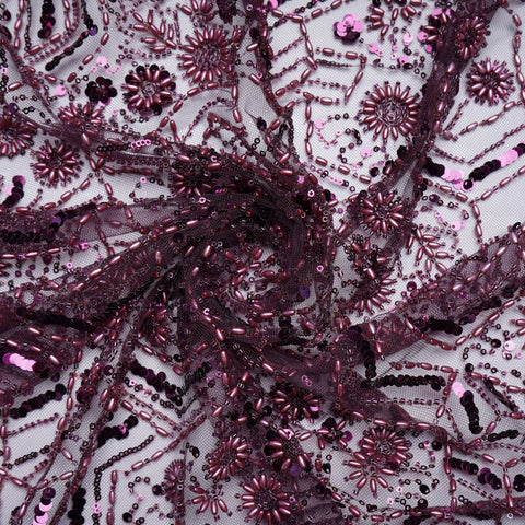 Wine Floral Rice Beads Cut Dana Handcrafted Embroidery Net Fabric 15138