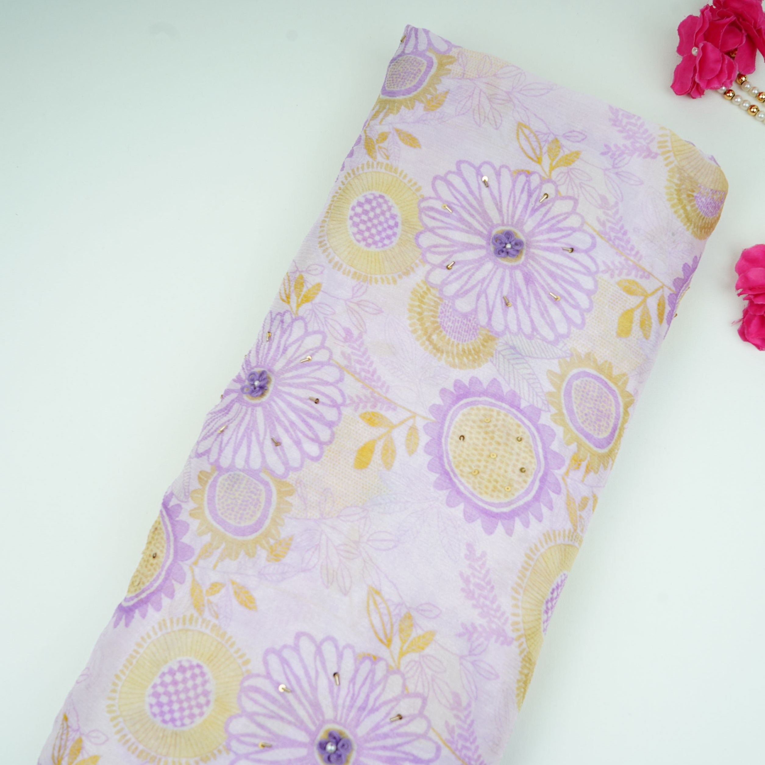 Light With Multicolor Floral Cutdana Chinnon Fabric VF-30639 - TradeUNO