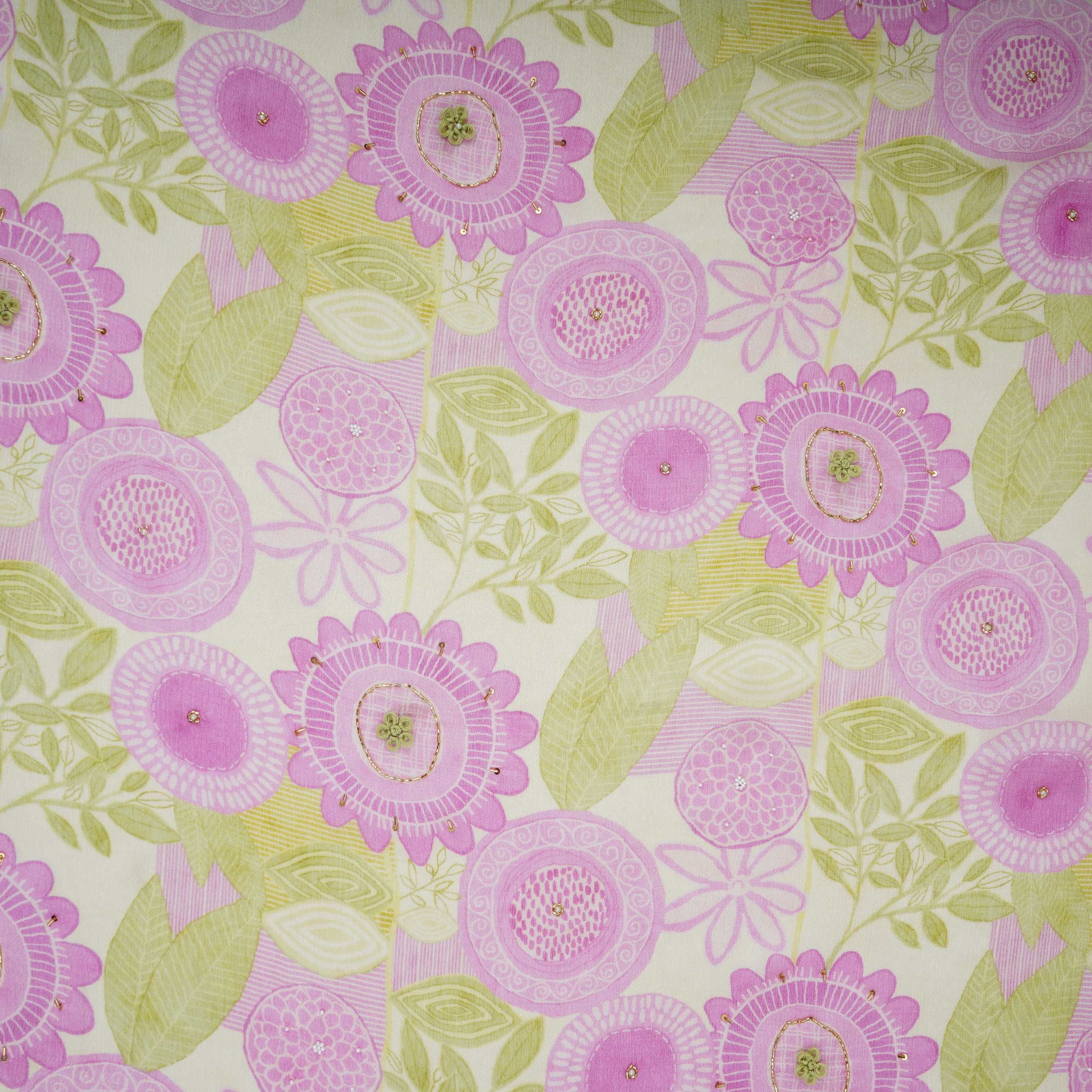 Off White With Lavender Floral Print Chinnon Fabric VF-30662 - TradeUNO