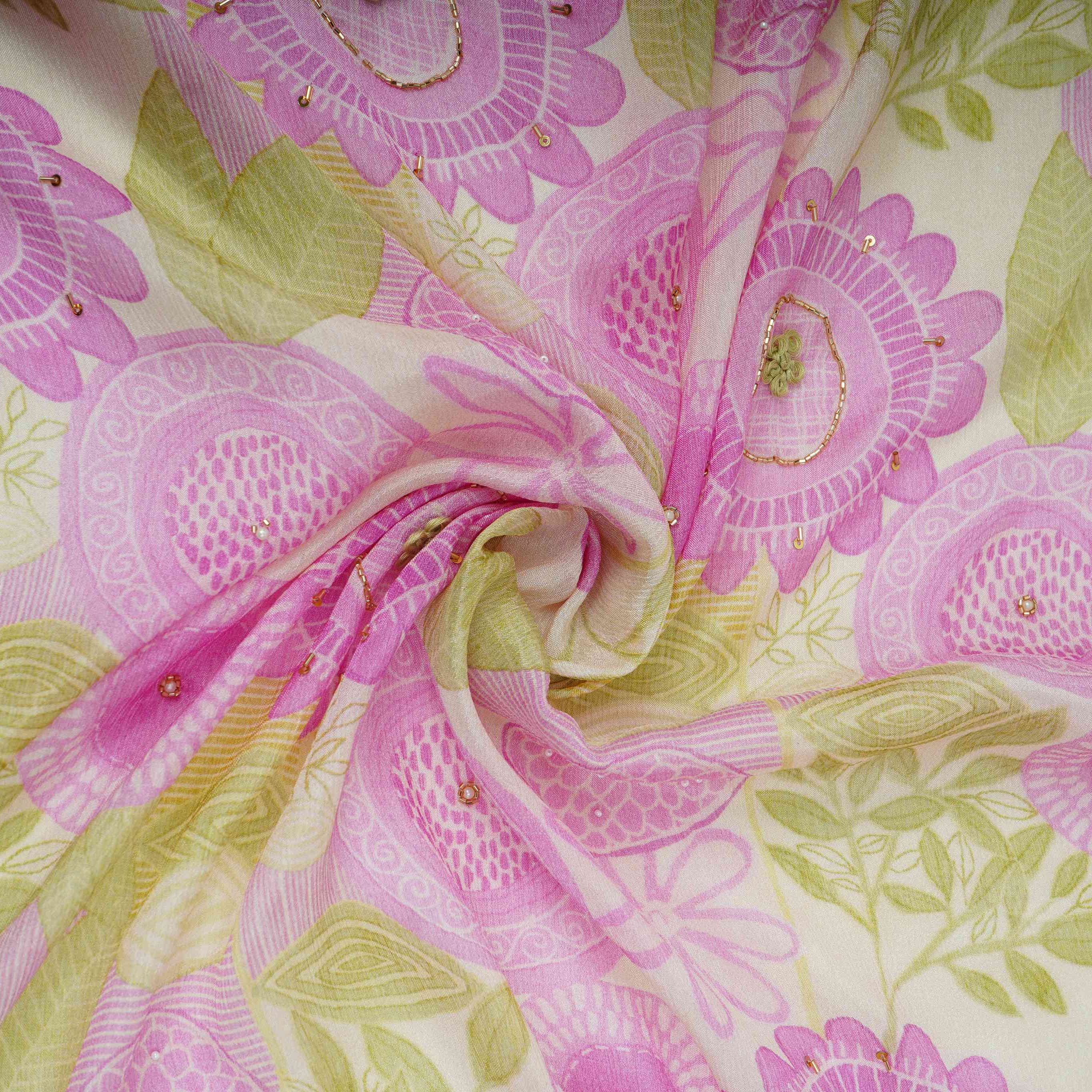 Off White With Lavender Floral Print Chinnon Fabric VF-30662 - TradeUNO