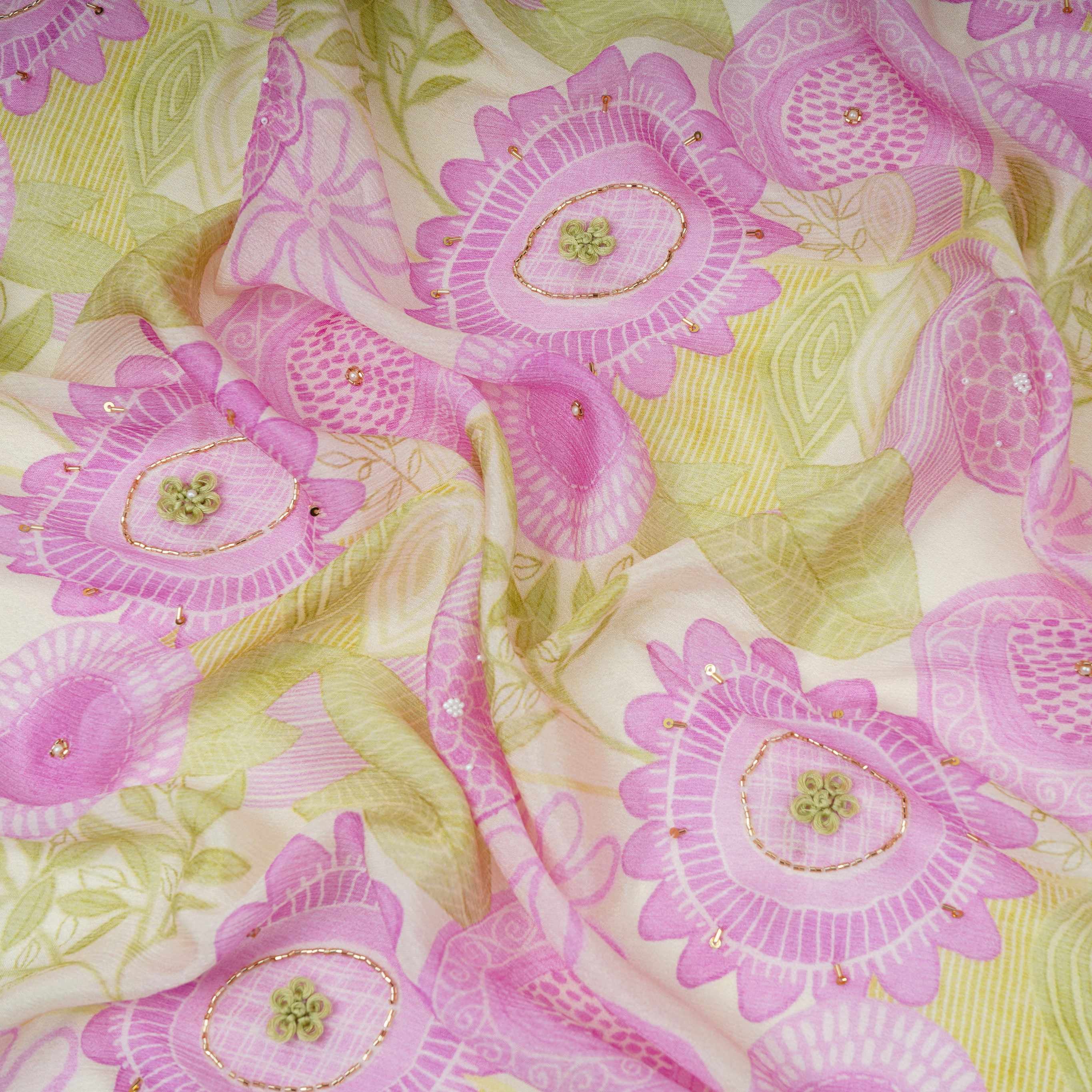 Off White With Lavender Floral Print Chinnon Fabric VF-30662 - TradeUNO