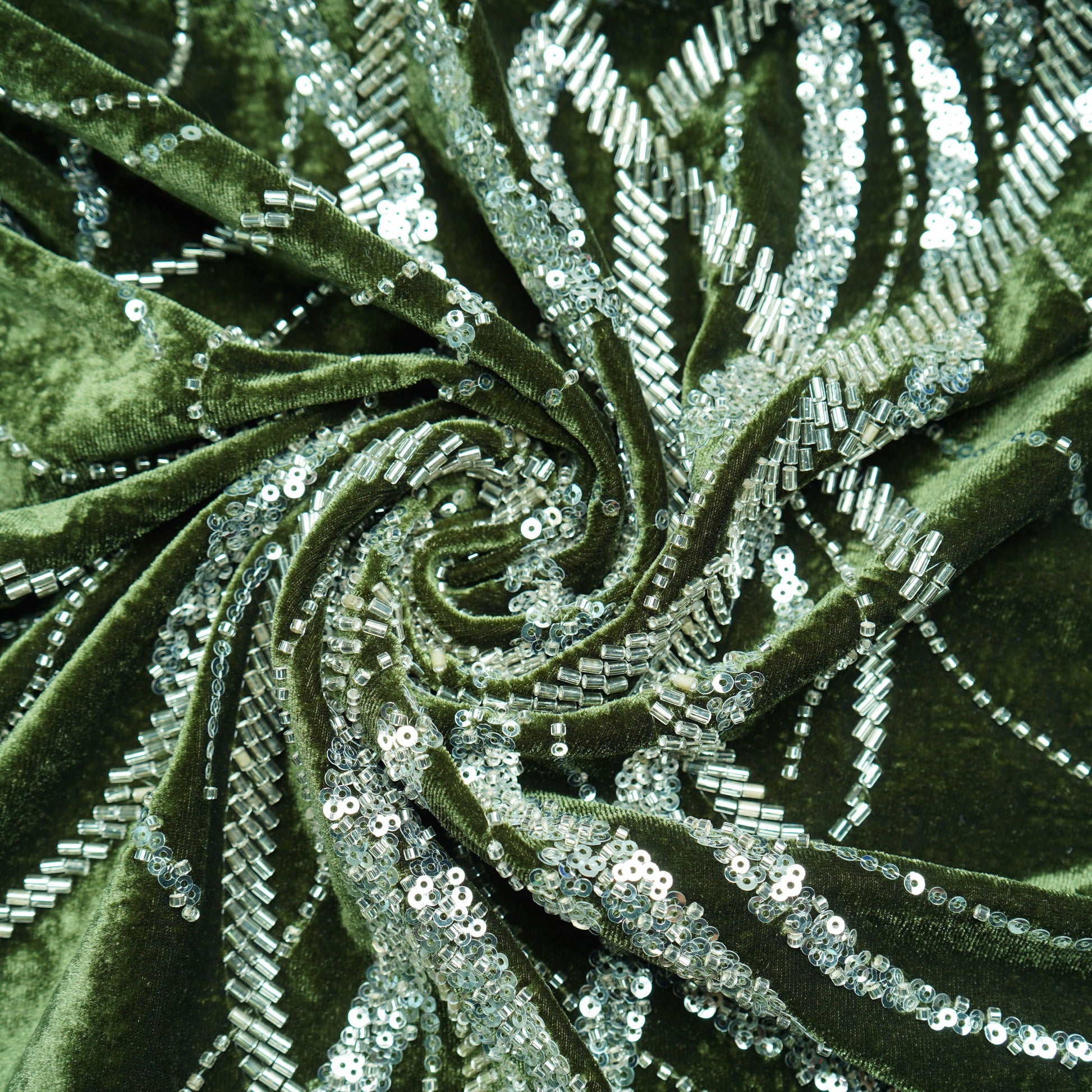 Green Sequins Cutdana Embroidery Velvet Fabric 19993
