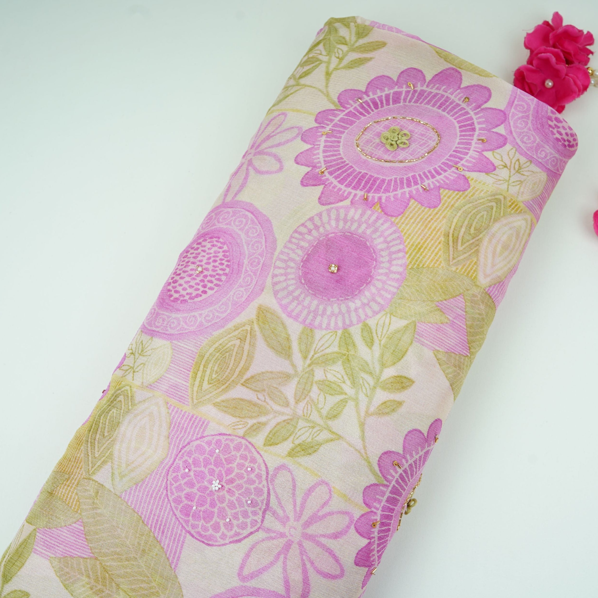 Off White With Lavender Floral Print Chinnon Fabric VF-30662 - TradeUNO