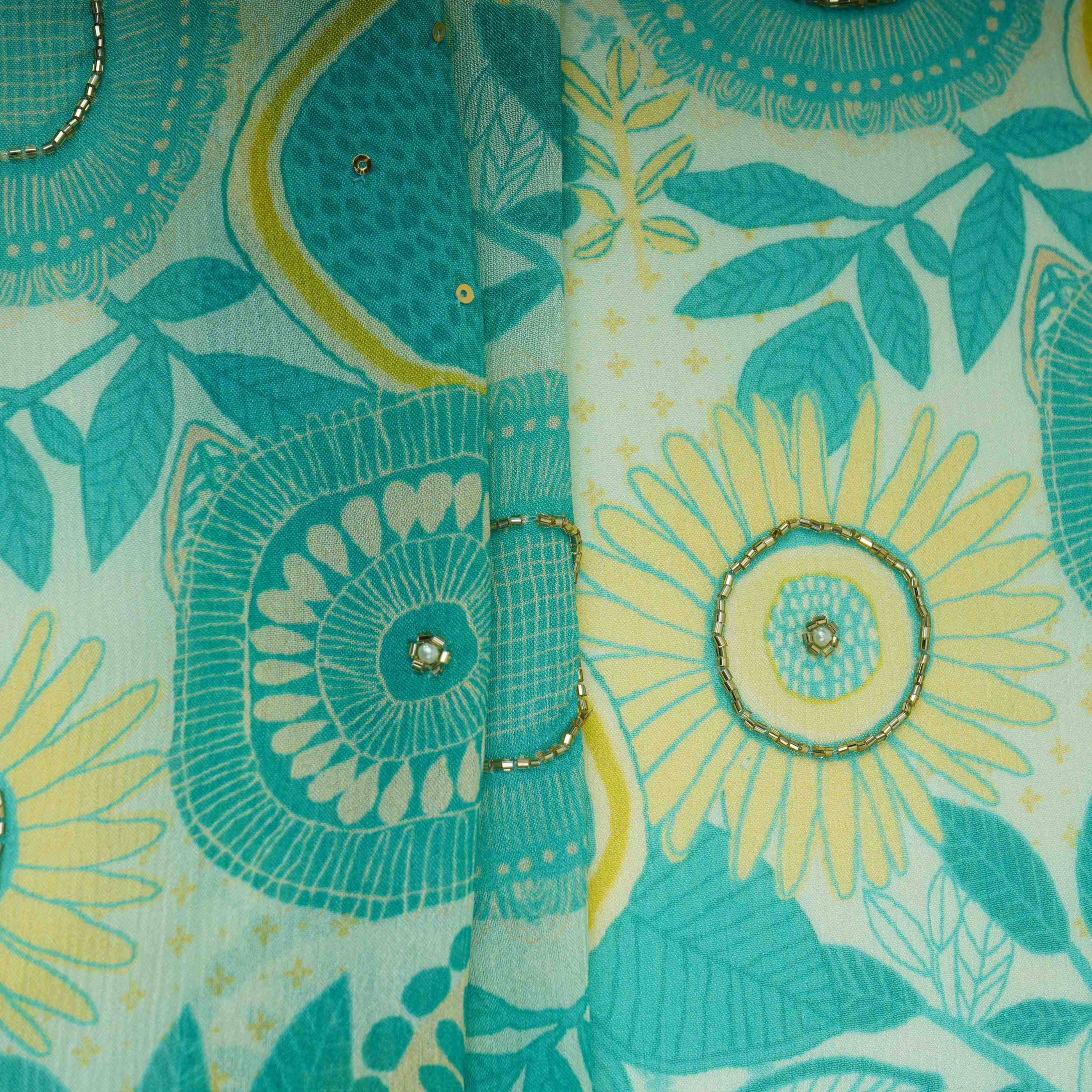 Teal Blue With Multicolor Floral Cutdana Chinnon Fabric VF-30640 - TradeUNO