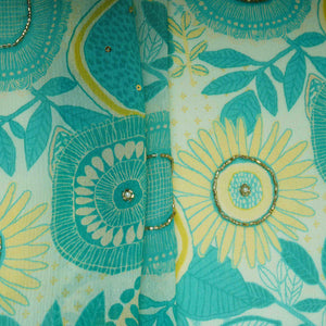 Teal Blue With Multicolor Floral Cutdana Chinnon Fabric VF-30640 - TradeUNO