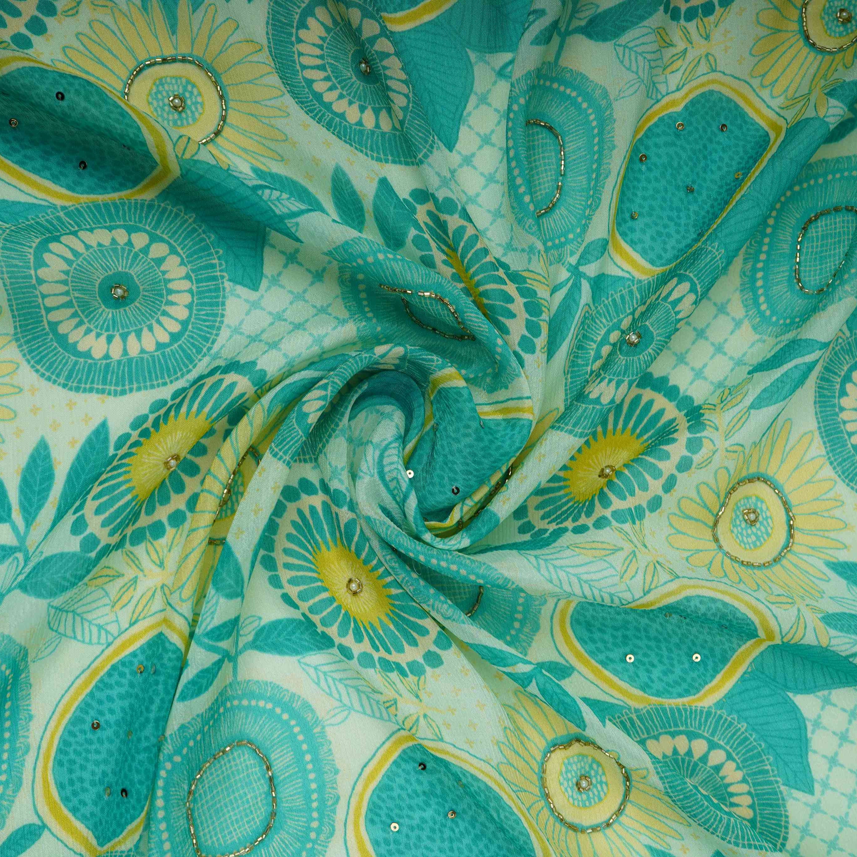 Teal Blue With Multicolor Floral Cutdana Chinnon Fabric VF-30640 - TradeUNO