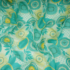 Teal Blue With Multicolor Floral Cutdana Chinnon Fabric VF-30640 - TradeUNO