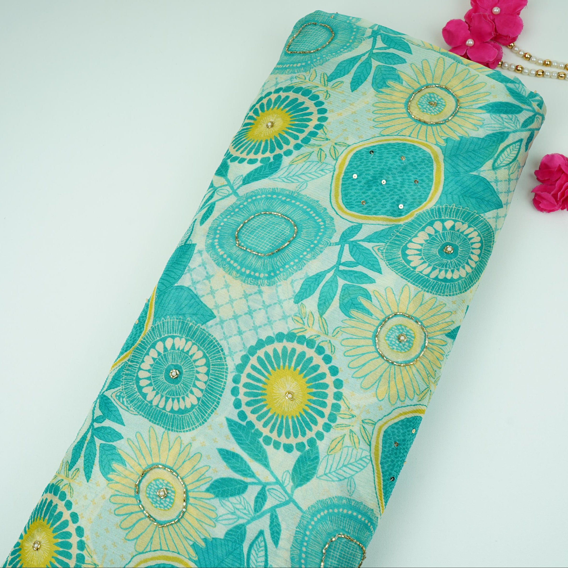 Teal Blue With Multicolor Floral Cutdana Chinnon Fabric VF-30640 - TradeUNO