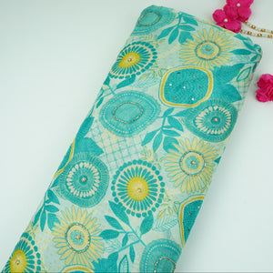 Teal Blue With Multicolor Floral Cutdana Chinnon Fabric VF-30640 - TradeUNO