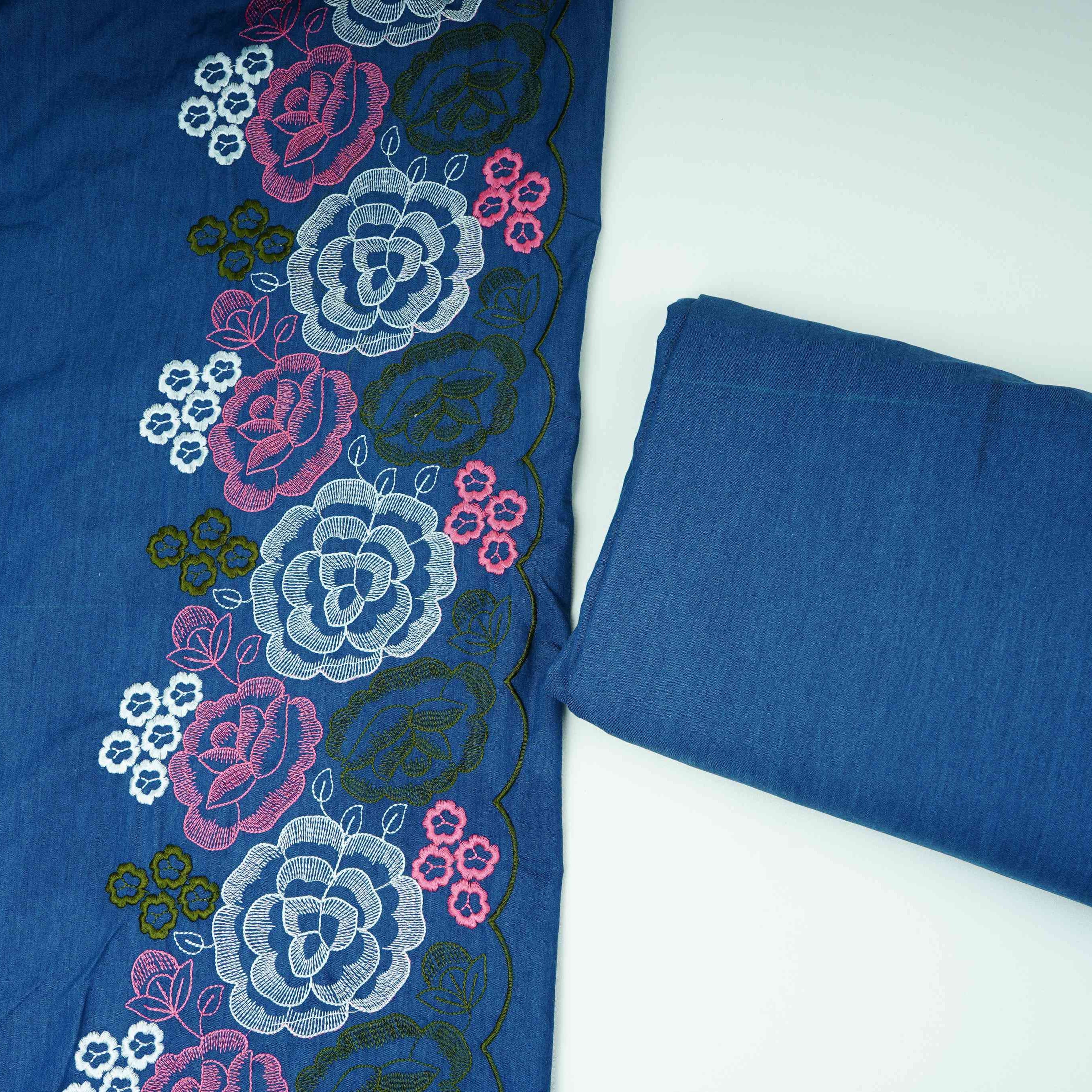 Blue With Pink Floral Embroidery Denim Fabric TF-30600 - TradeUNO