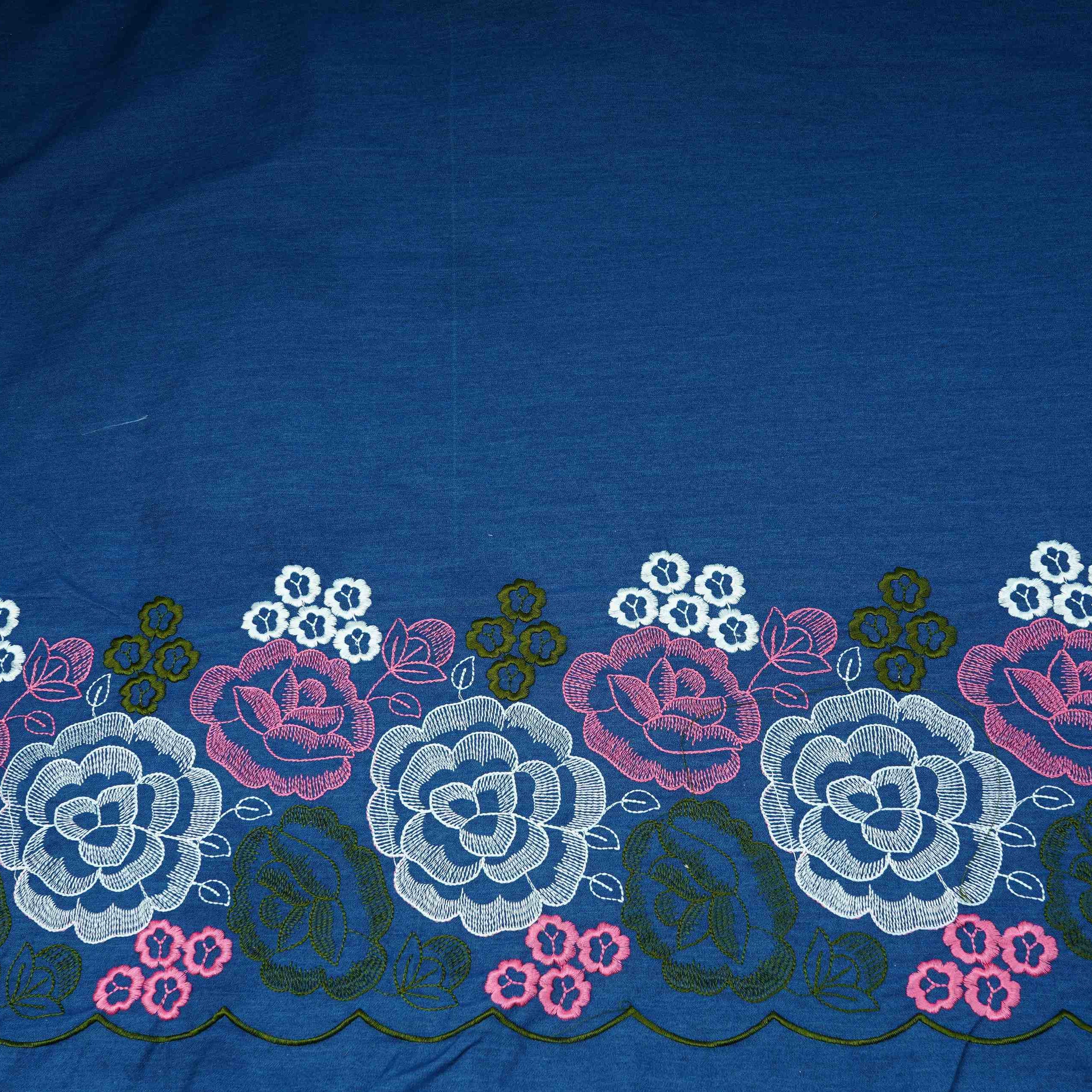 Blue With Pink Floral Embroidery Denim Fabric TF-30600 - TradeUNO