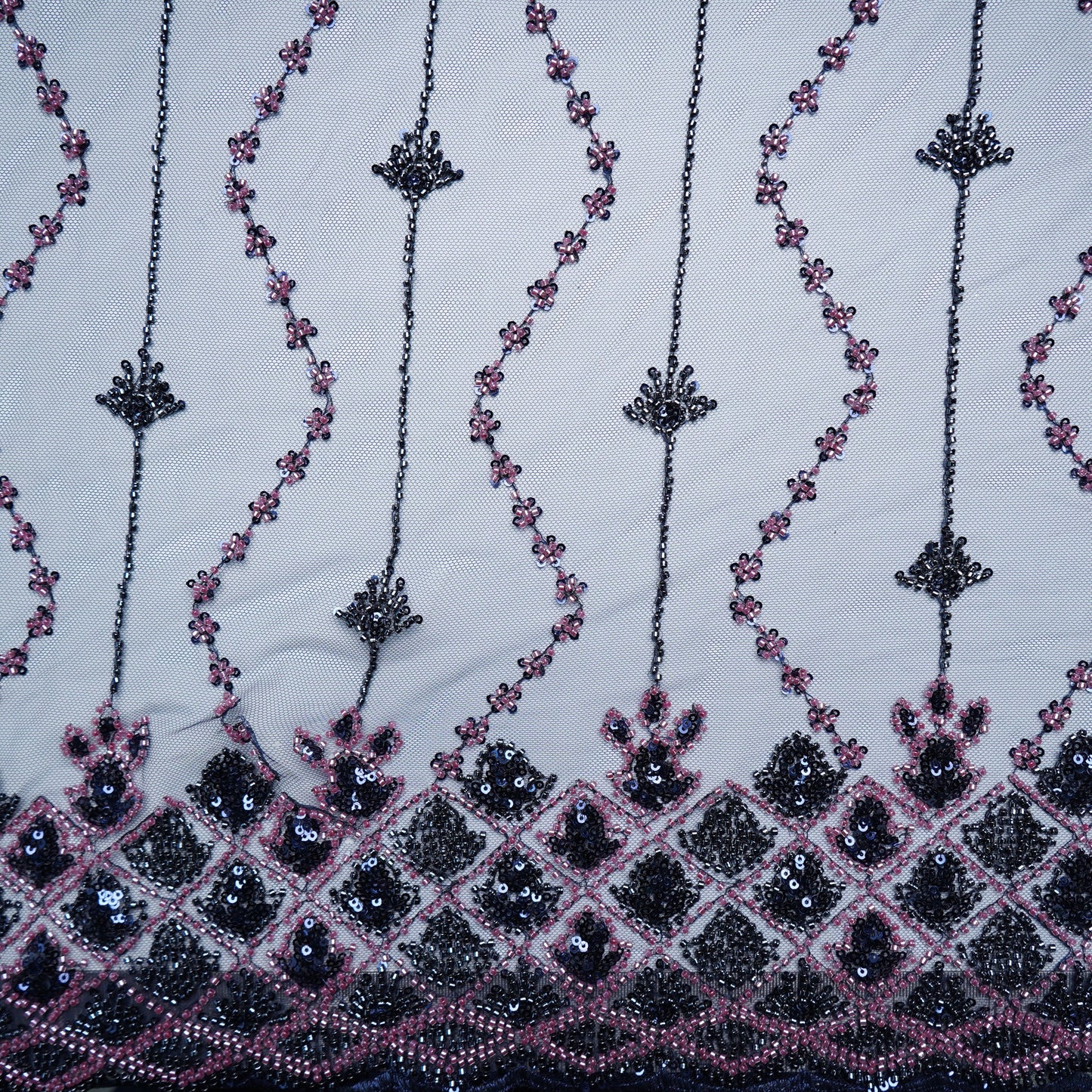 Navy Blue Beads Embroidery Premium Net Fabric 18803
