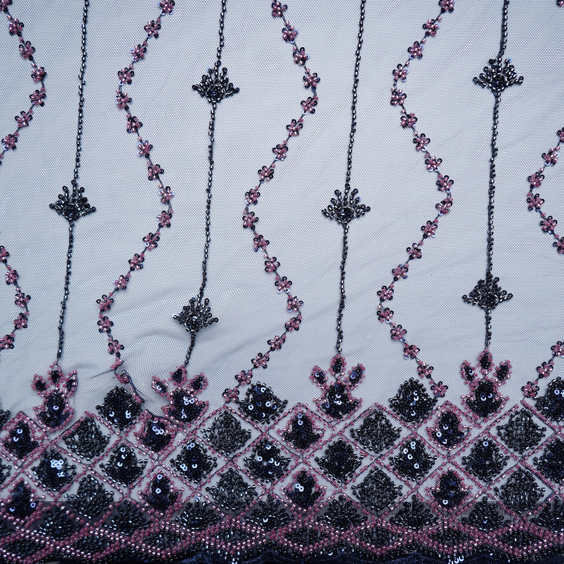 Navy Blue Beads Embroidery Premium Net Fabric 18803