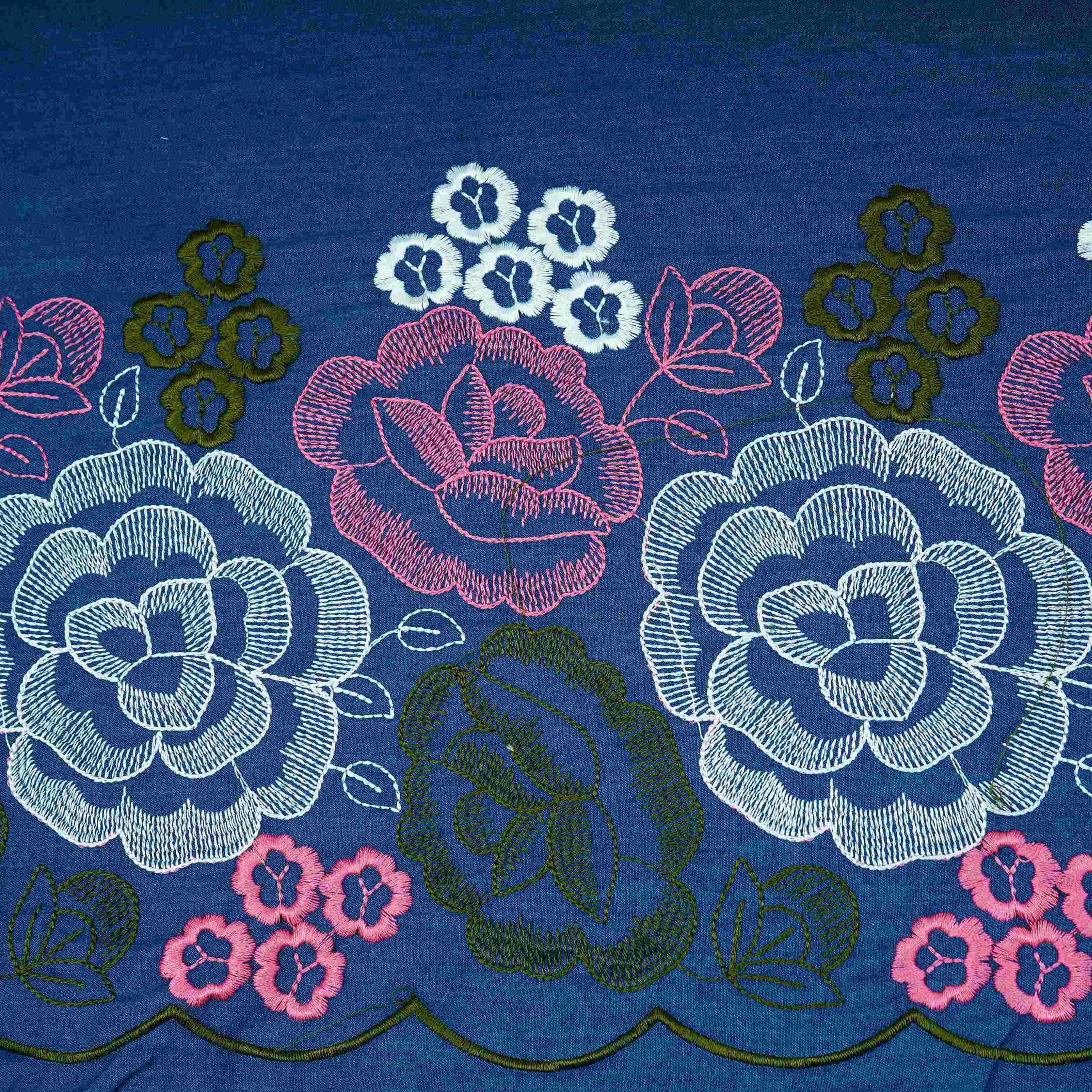 Blue With Pink Floral Embroidery Denim Fabric TF-30600 - TradeUNO