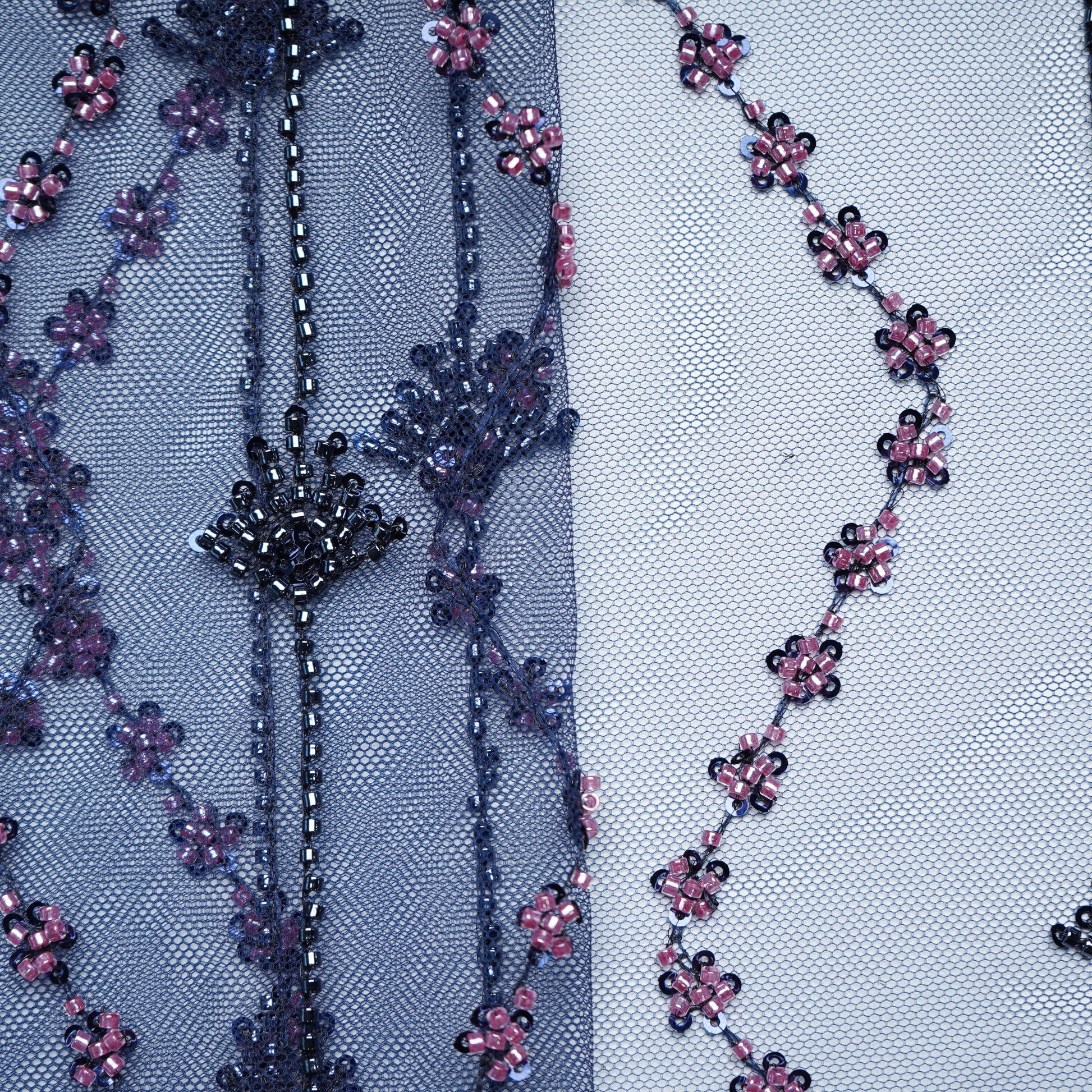 Navy Blue Beads Embroidery Premium Net Fabric 18803