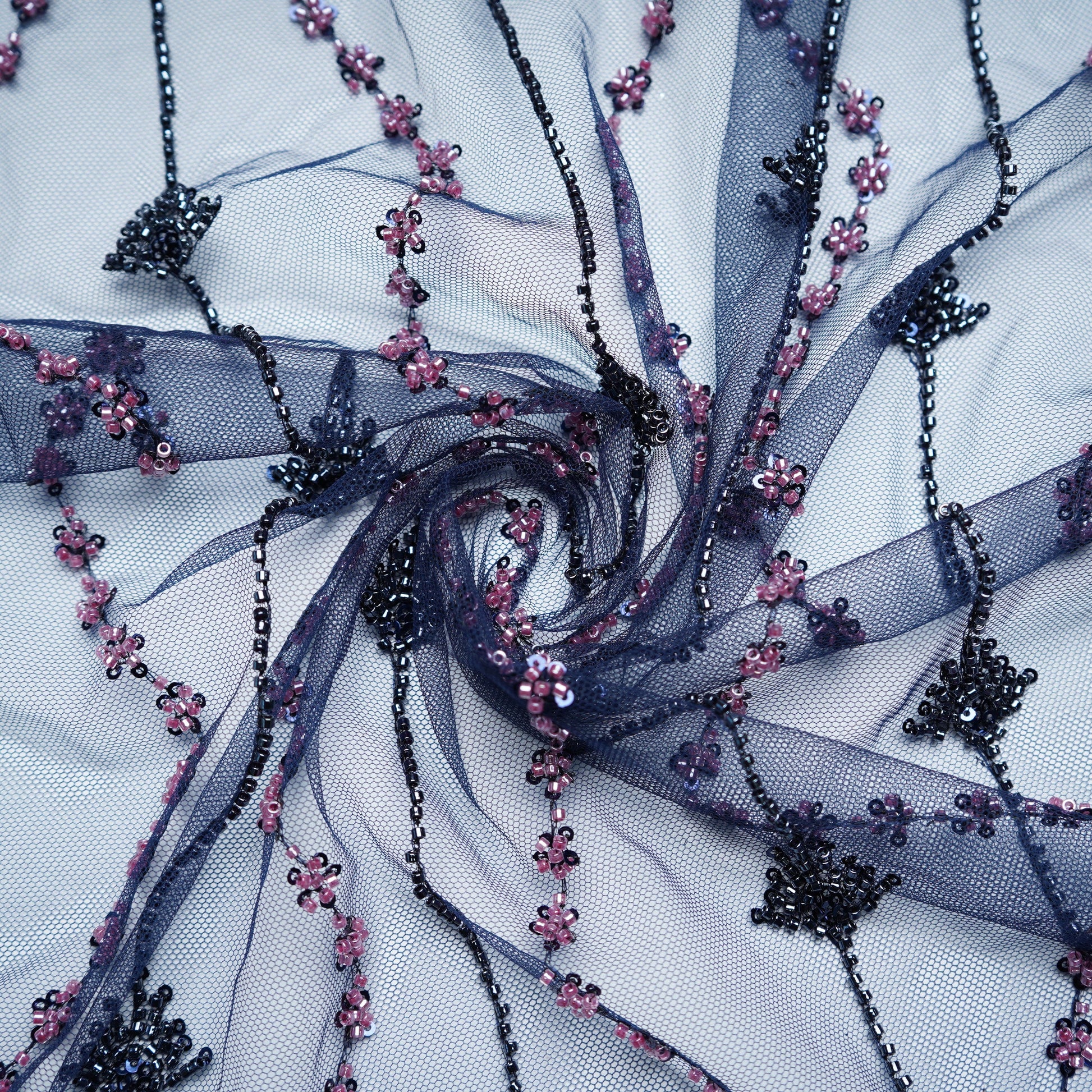 Navy Blue Beads Embroidery Premium Net Fabric 18803